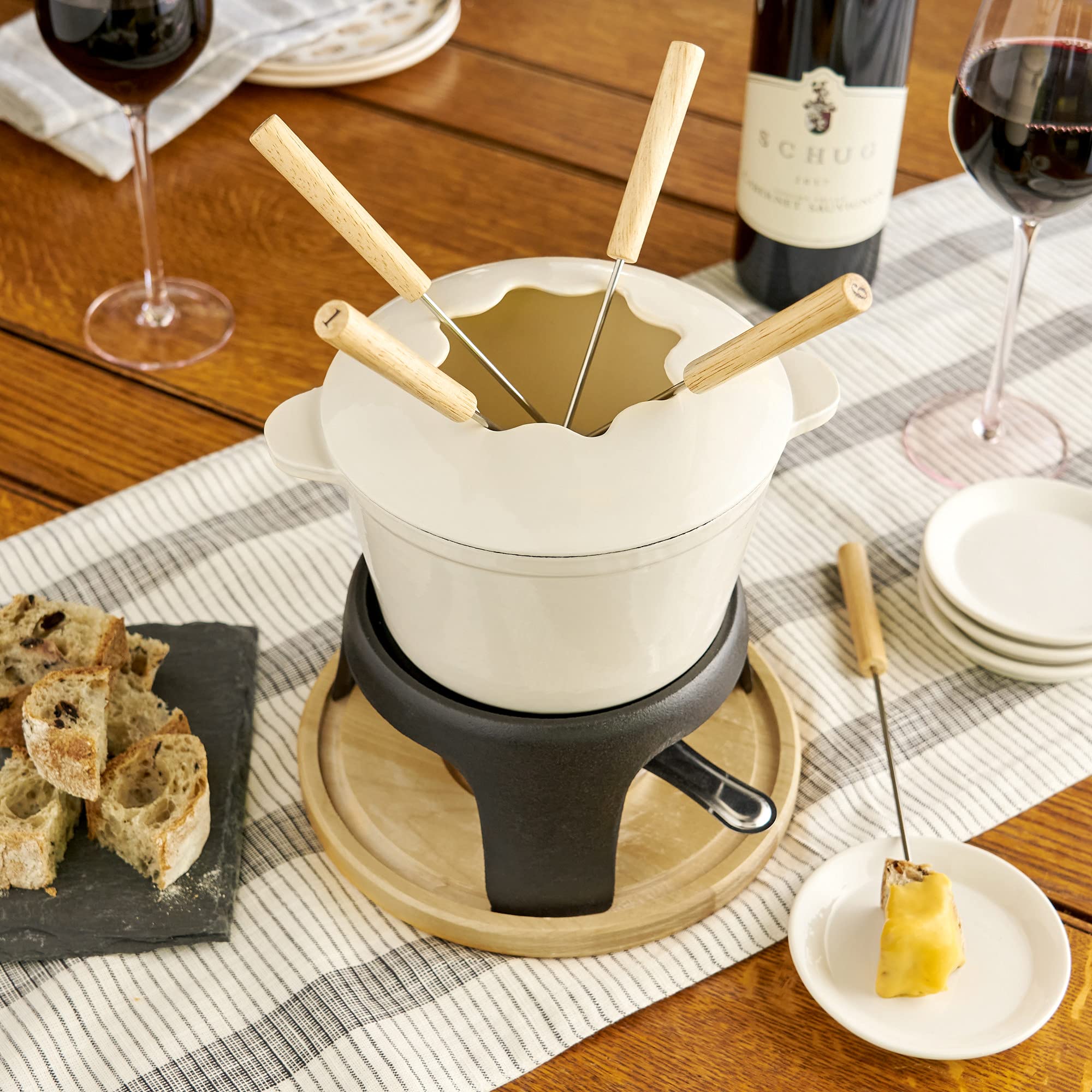 Twine Farmhouse Kitchen Enamel Cast Iron Fondue Set Cheese Melting Pot Metal Stand with Stainless Steel Forks and Chrome Gel Burner  8.5''  Off-Cream