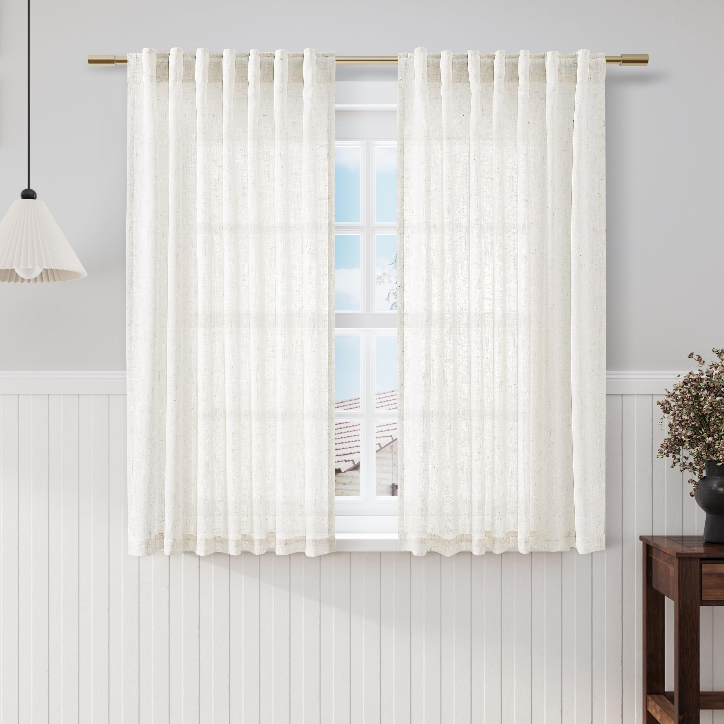 Beige White Kitchen Cafe Sheer Curtains 54 Inch Long 2 Panel Back Tab Linen Textured Light Filtering Short Neutral Bohemian Farm
