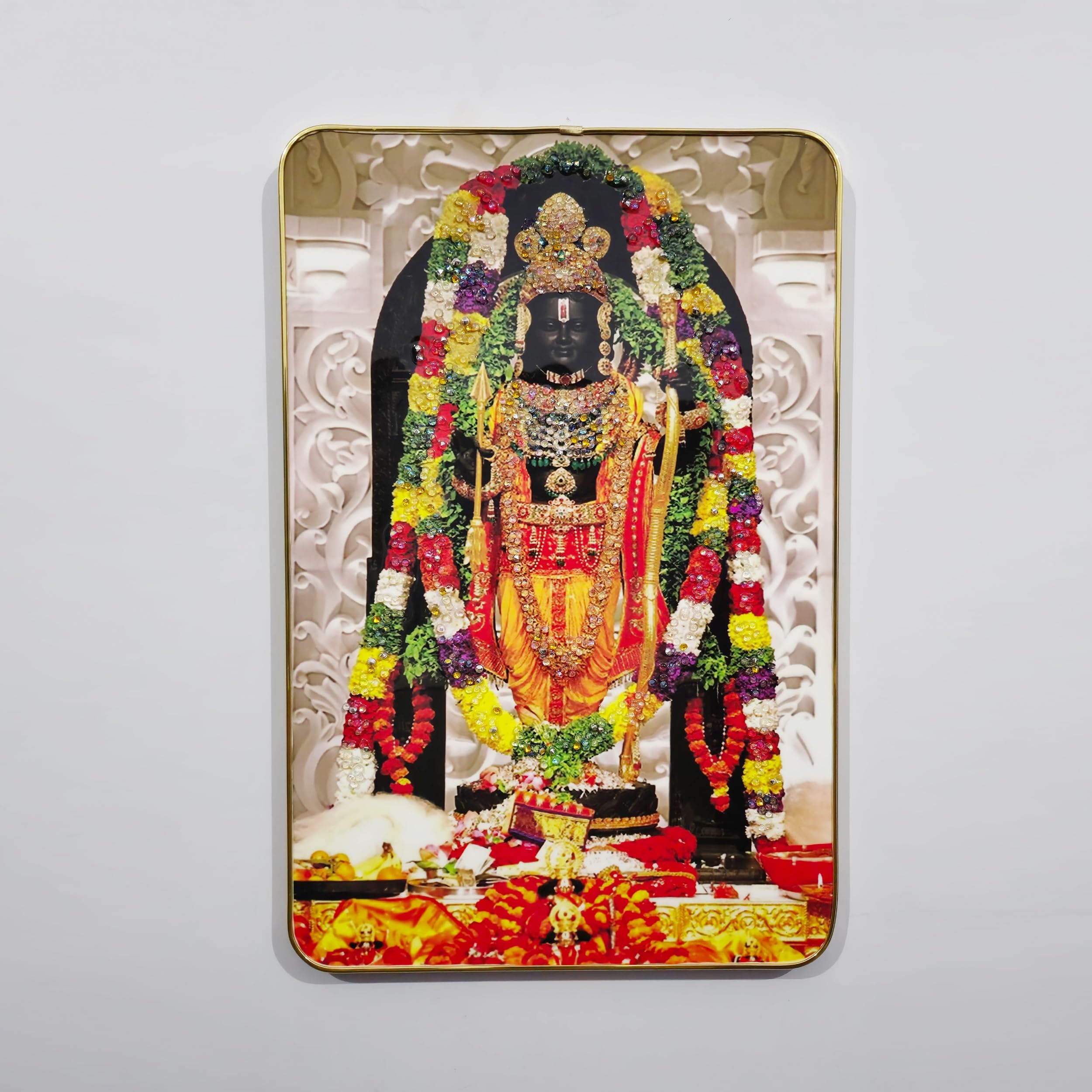Masstone Ram Lalla Ayodhya Model Wall Painting With Crystal Embedded High Gloss Surface Gold Slim Frame Embossed, 45X30 Cm Wall 