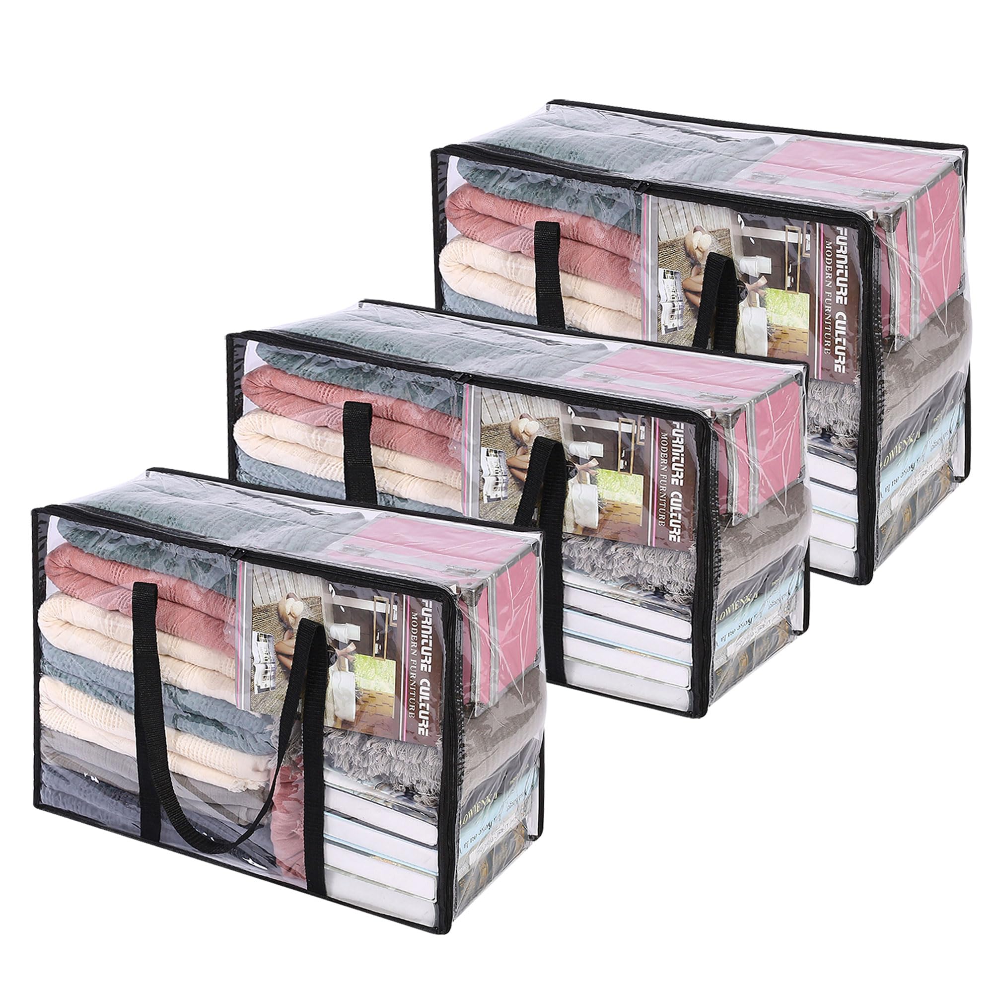 Vieshful 3 Pack Clear Clothes Storage Bag, Zippered Closet Organizer, Plastic Storage Containers Moving bags for Comforter, Blan