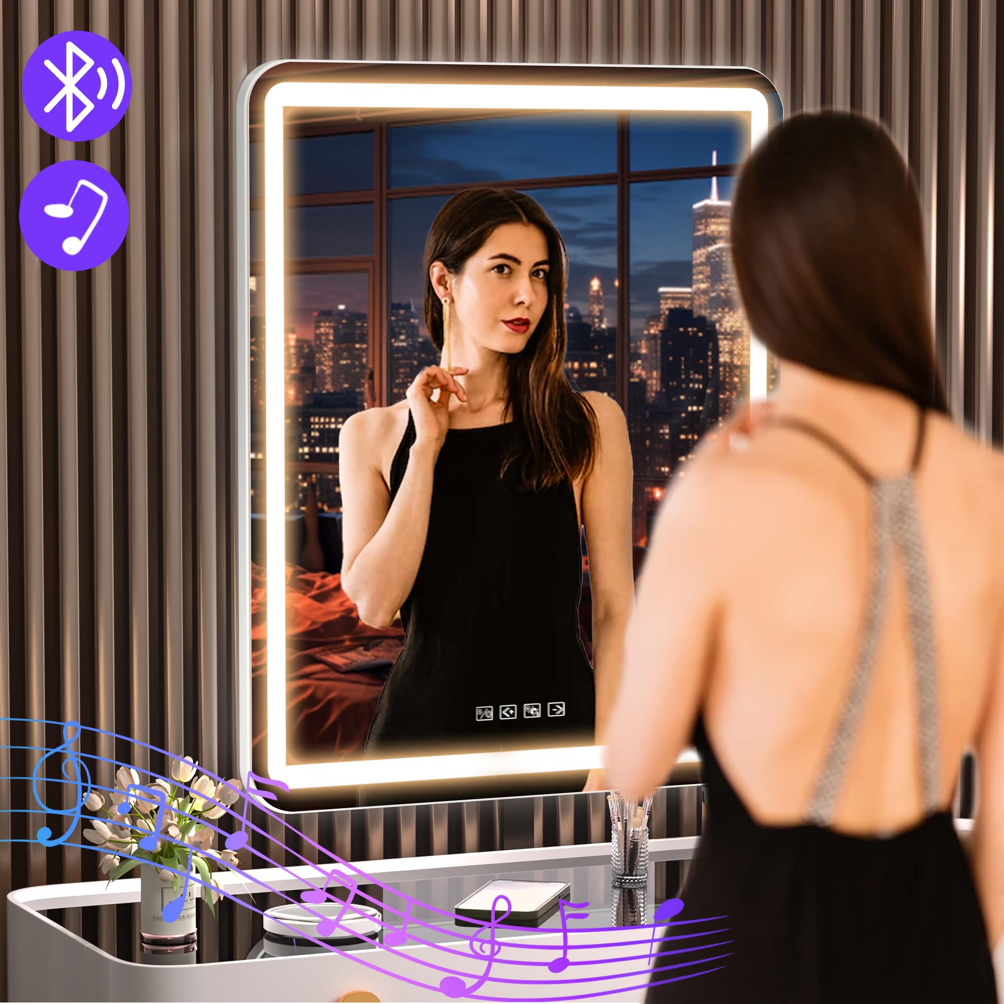 Hasipu Vanity Mirror With Lights And Bluetooth Speaker, 20'' X 25'' Led Makeup Mirror, Light Up Mirror With 10X Magnification An