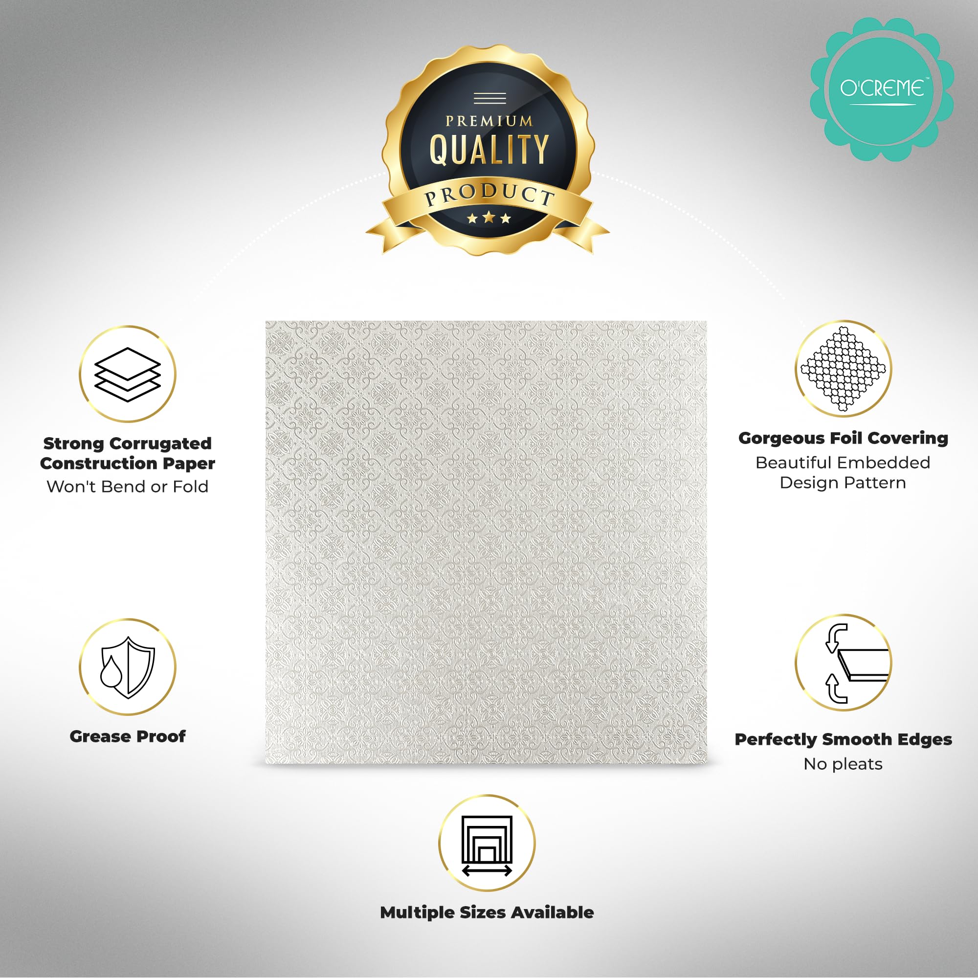 Ocreme Cake Board, Silver Foil Square Cake Drum With Gorgeous Design, Sturdy & Durable 1/2    Thick Cake Drums, Square Cake Boar
