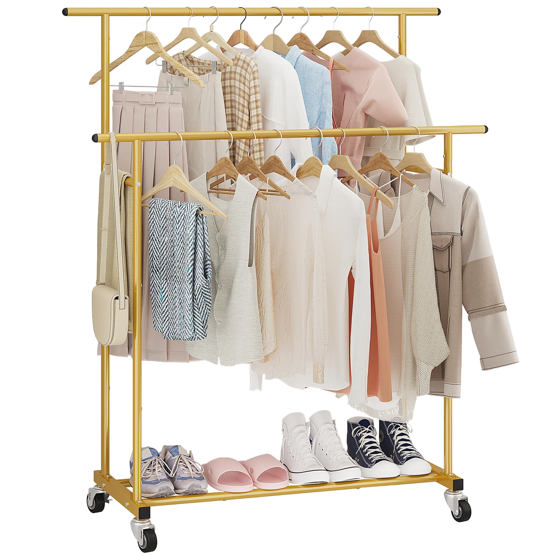 Calmootey Double Rod Clothing Garment Rack Rolling Hanging Clothes Rack Portable Clothes Organizer for Bedroom Living Room Clothing Store Gold