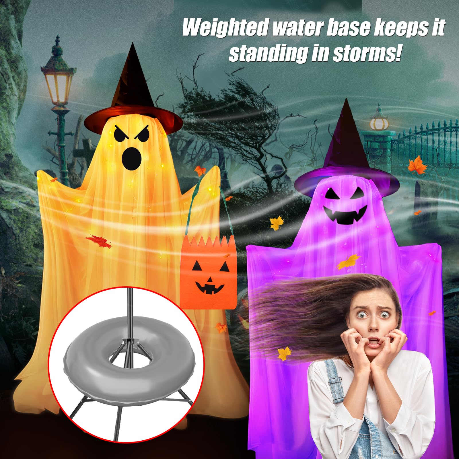 Halloween Decorations Outdoor Indoor- 2 Packs Large Light Up Ghost, Standing Ghost Decor with Weight Bags, 8 Modes Remote Ghost