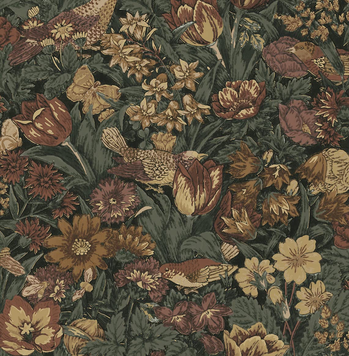 Seabrook Designs Mahogany and Graphite Bird Floral Prepasted Paper Wallpaper Roll PR11708