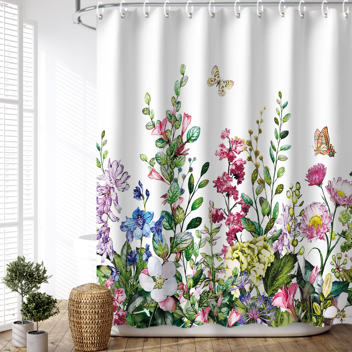 LIVILAN Floral Shower Curtain Flower Shower Curtain for Bathroom Colorful Plant Botanical Wildflower Flowered Shower Curtains with 12 Hooks Decorative Fabric Leaf Greenery  72'' W x 72'' H