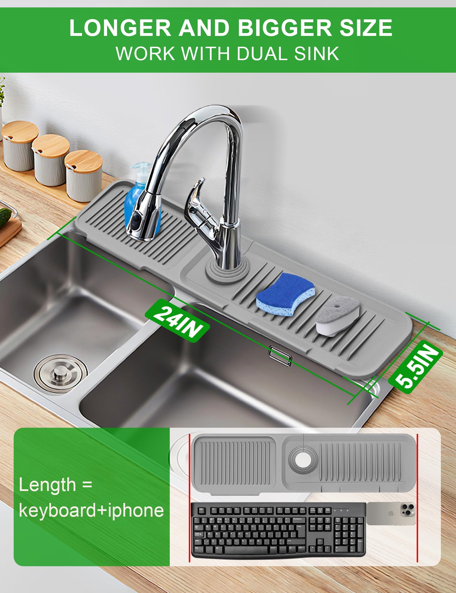 Kitchen Sink Splash Guard, 5Slope Draining Mat For Kitchen Sink, 24 Inch Sink Faucet Mat, Silicone Sink Faucet Mat Splash Guard,