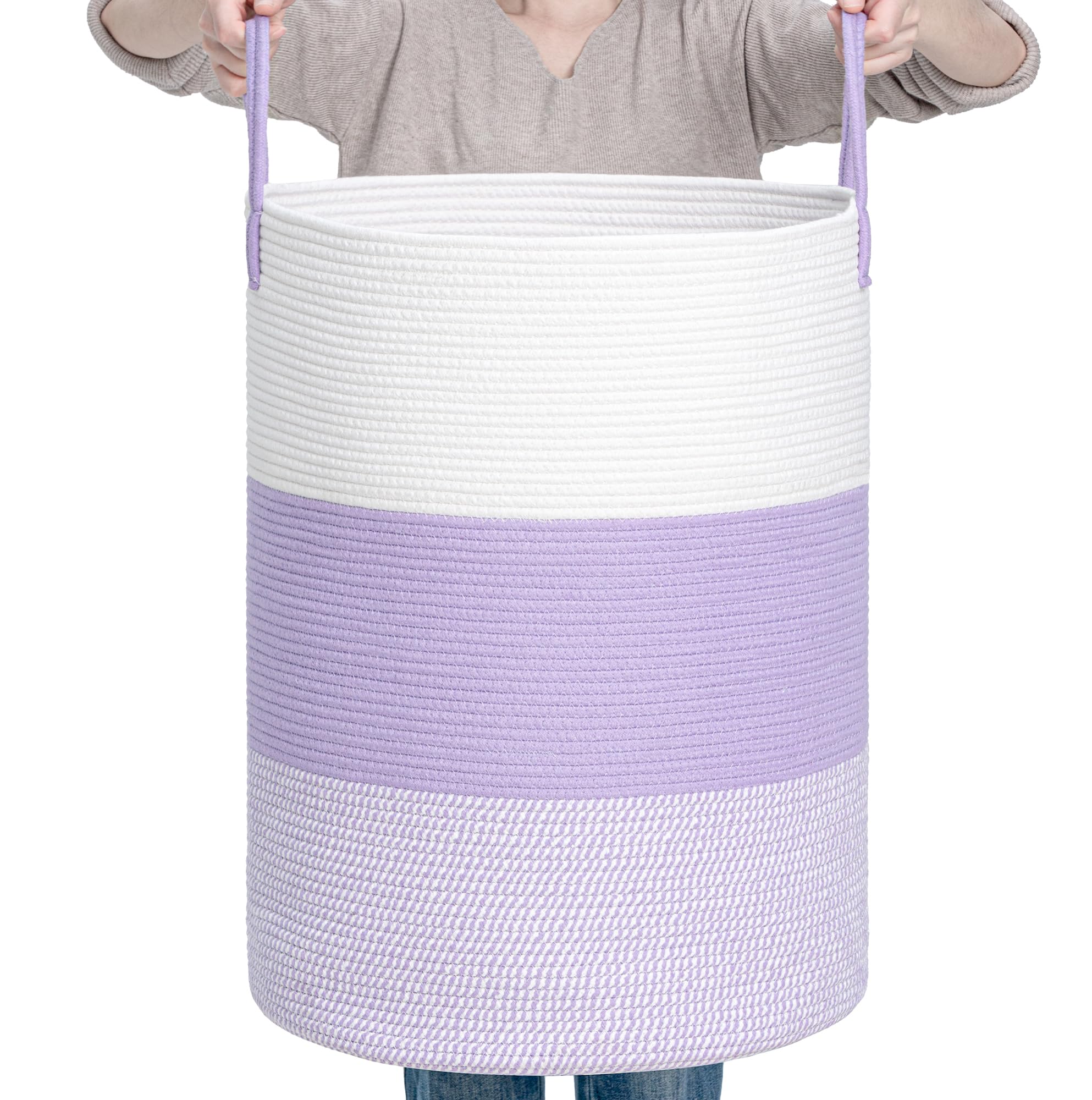 Clhmily&Z 80L Laundry Basket Round Storage Rope Basket - 16.5X22.5 Inches - Lavender Hamper In Bedreoom And Cute Storage Bin For