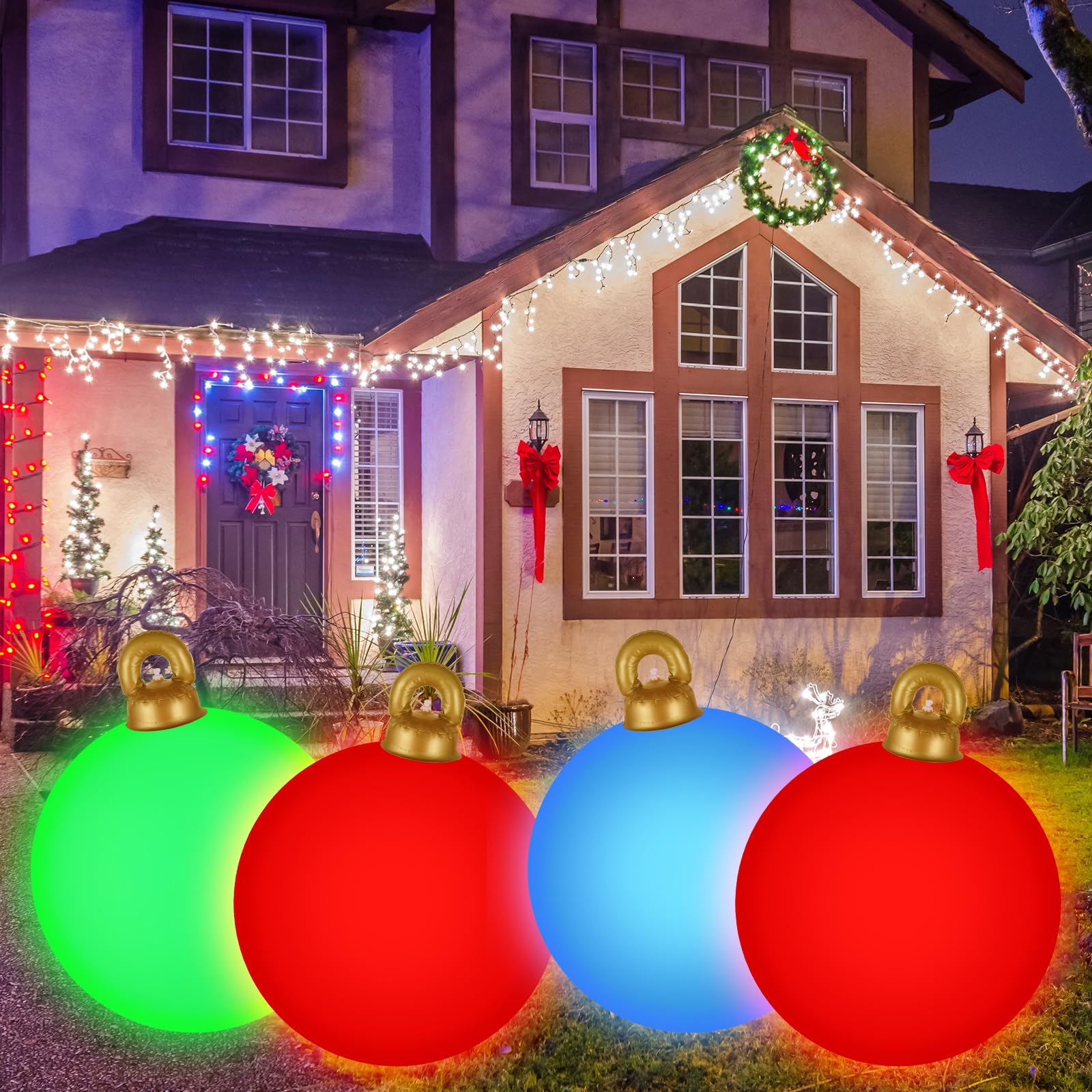 [Light up] Inflatable Ornaments Balls Outdoor 2Pcs: Flashes in Red | Green | Blue and Timer, 24 Inch Giant Christmas Inflatable