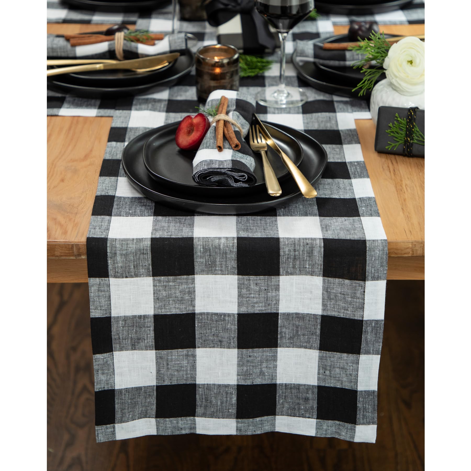 Solino Home Linen Check Table Runner 90 inches Long - 100% Pure Linen Black and White Buffalo Plaid Table Runner 14 x 90 Inch - 