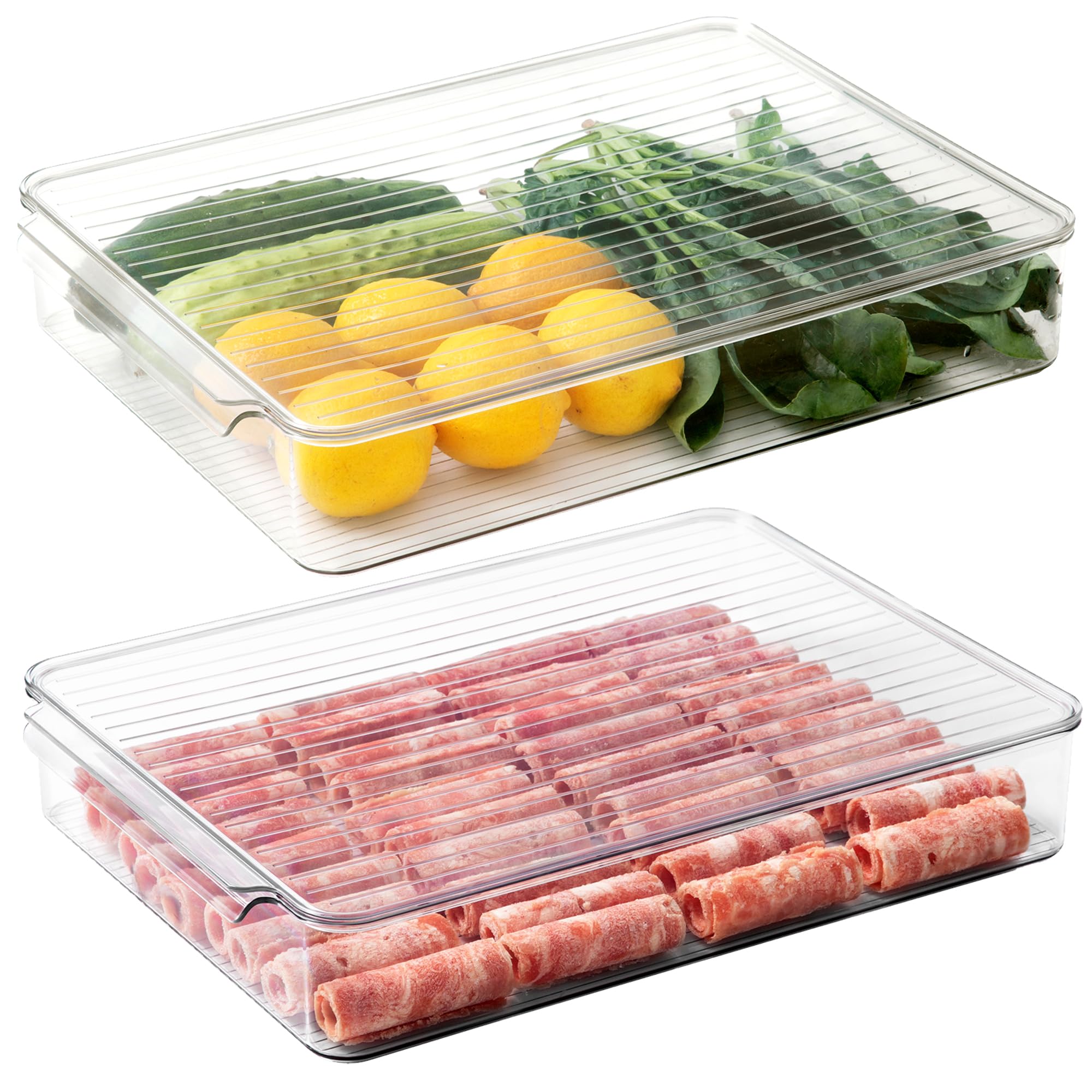 Vacane 2 Pack Refrigerator Organizer Bins,Food Storage Container With Lids For Fruit, Vegetables, Bacon Meat Cheese Keeper Marin