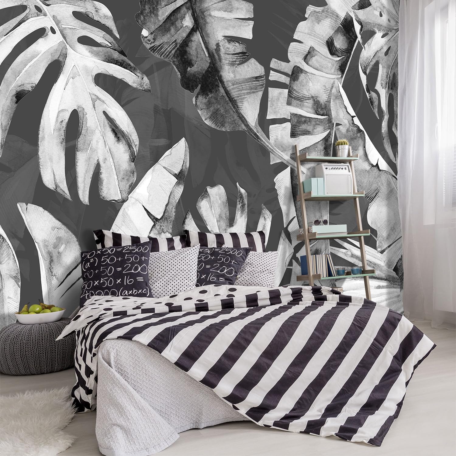 YIHWM -Tropical Botanical Grey Banana Leaf Fabric Wallpaper Living Room Bedroom Bathroom Plant Large Wall Mural- 137x96( not Pee