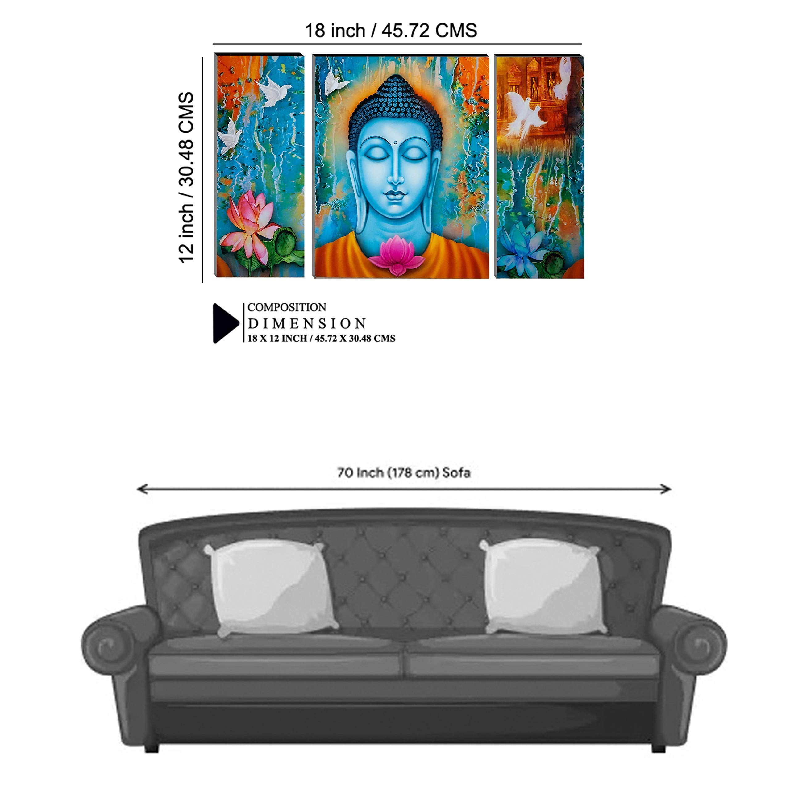 Indianara Set Of 3 Gautam Buddha Mdf Art Painting (3488 Fla) Without Glass 4.5 X 12, 9 X 12, 4.5 X 12 Inch