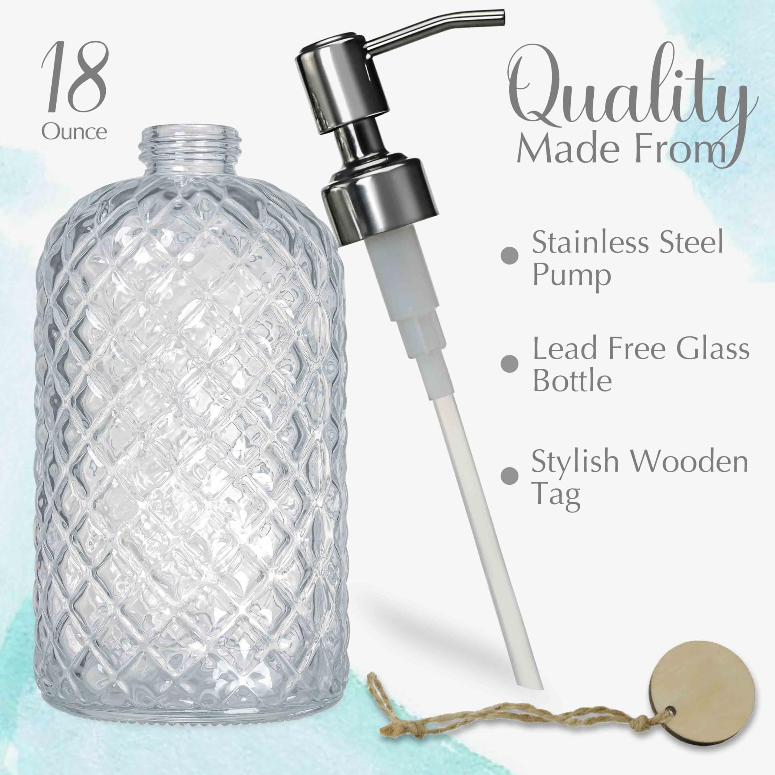 Jasai 18Oz Gem Patterned Clear Glass Soap Dispenser With Rust Proof Pump, Refillable Hand Soap Dispenser For Kitchen, Premium Ba