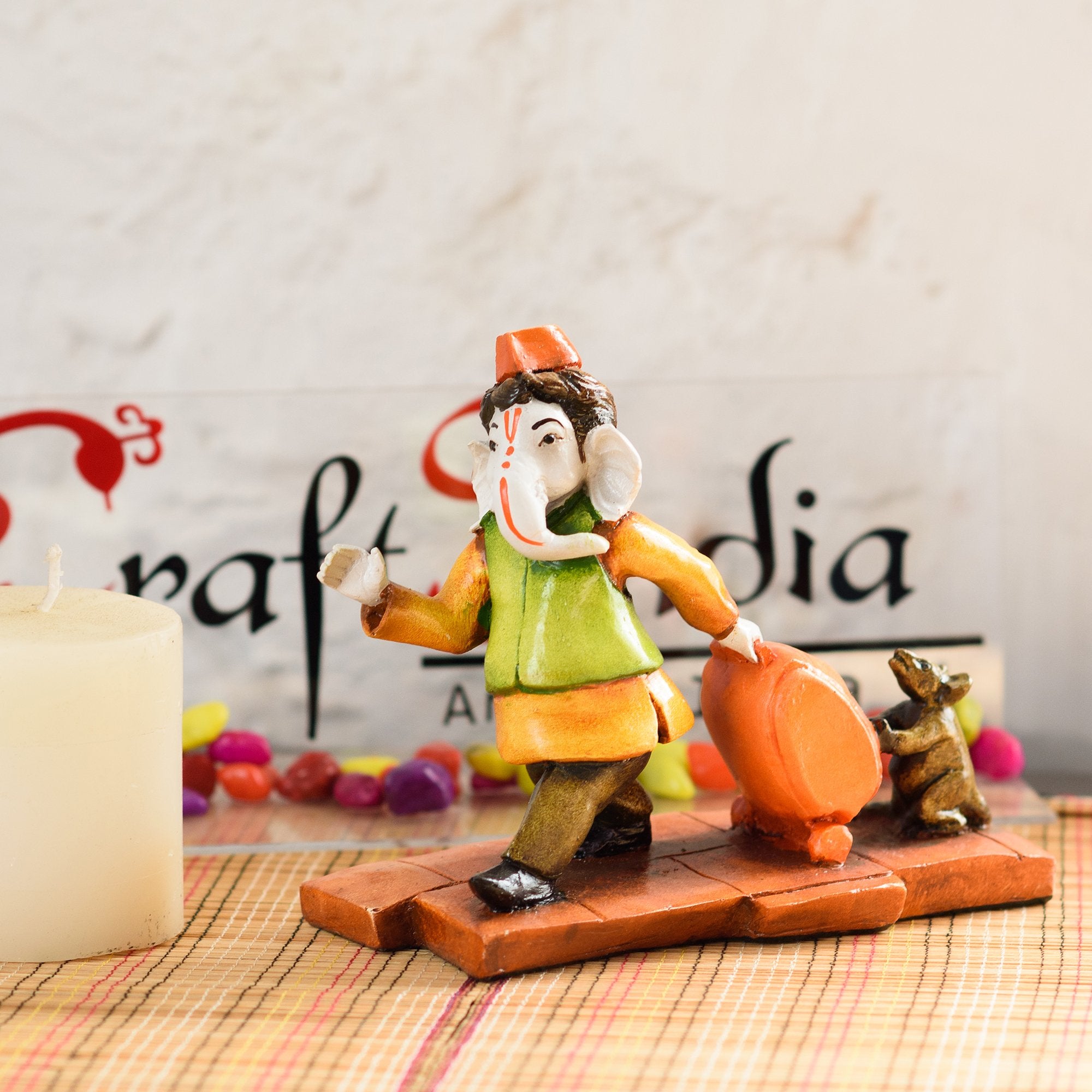 Ecraftindia Resin Handcrafted Ganesha Idol Carrying Travel Bag With Mouse Showpiece | Lord Ganesha Idol For Home Decor | Ganesha