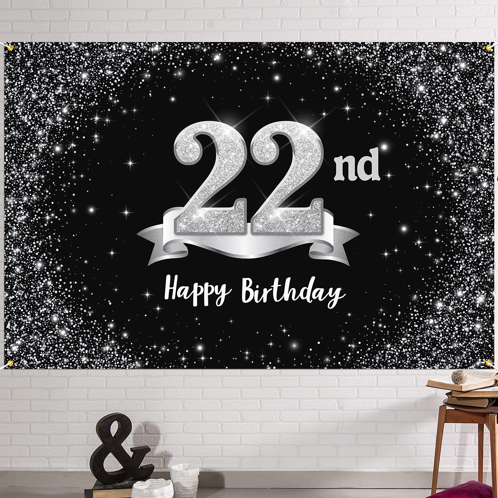 Hamigar 6X4Ft Happy 22Nd Birthday Banner Backdrop - 22 Years Old Birthday Decorations Party Supplies For Women Men - Black Silve