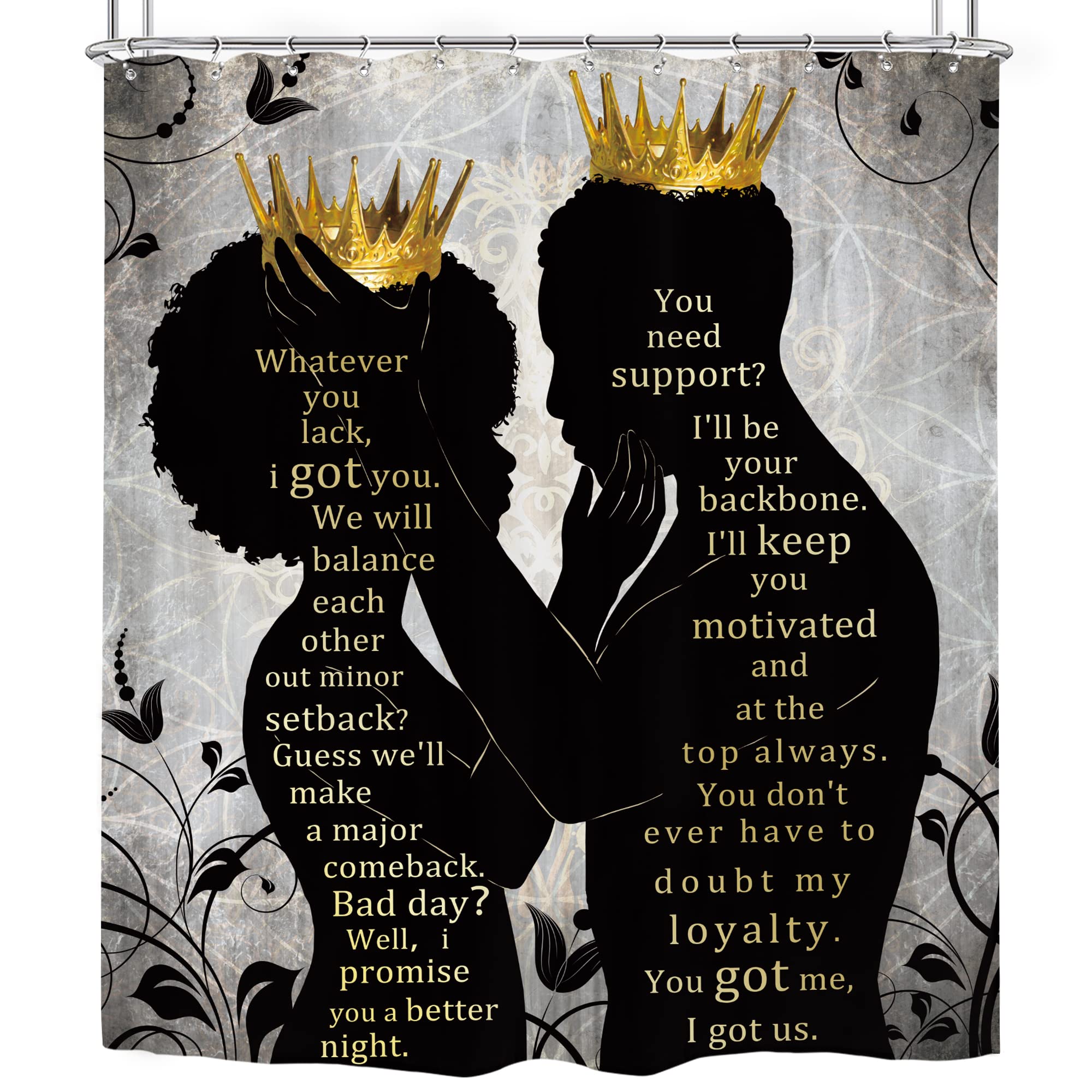 Omifly African American Shower Curtain Women Men 60Wx72H Inch Afro Black Queen King Luxury Gold Crown Inspirational Quotes Bathr