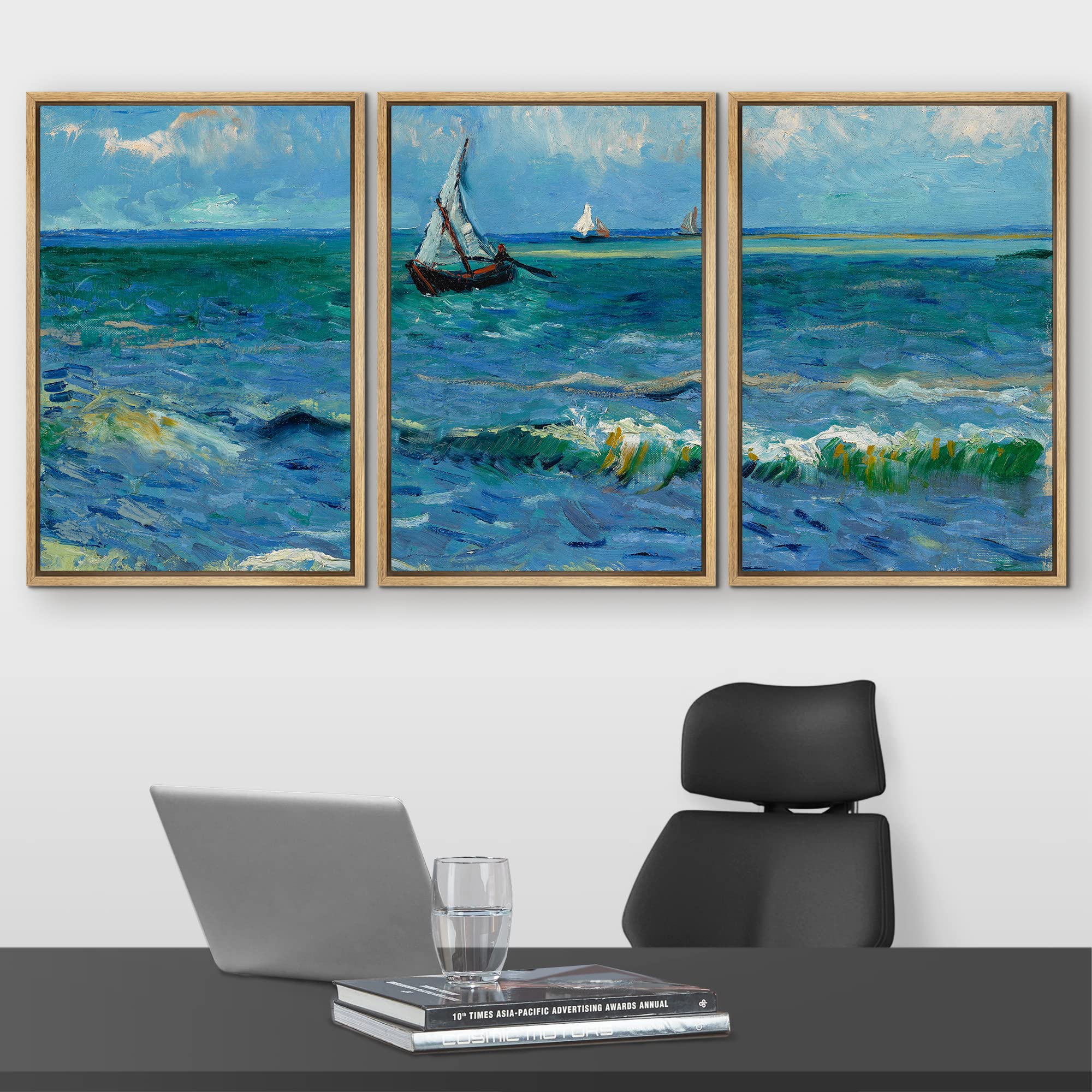 Wall26 Framed Canvas Print Wall Art Set Seascape By Vincent Van Gogh Nature Wilderness Illustrations Fine Art Relax/Calm Multico