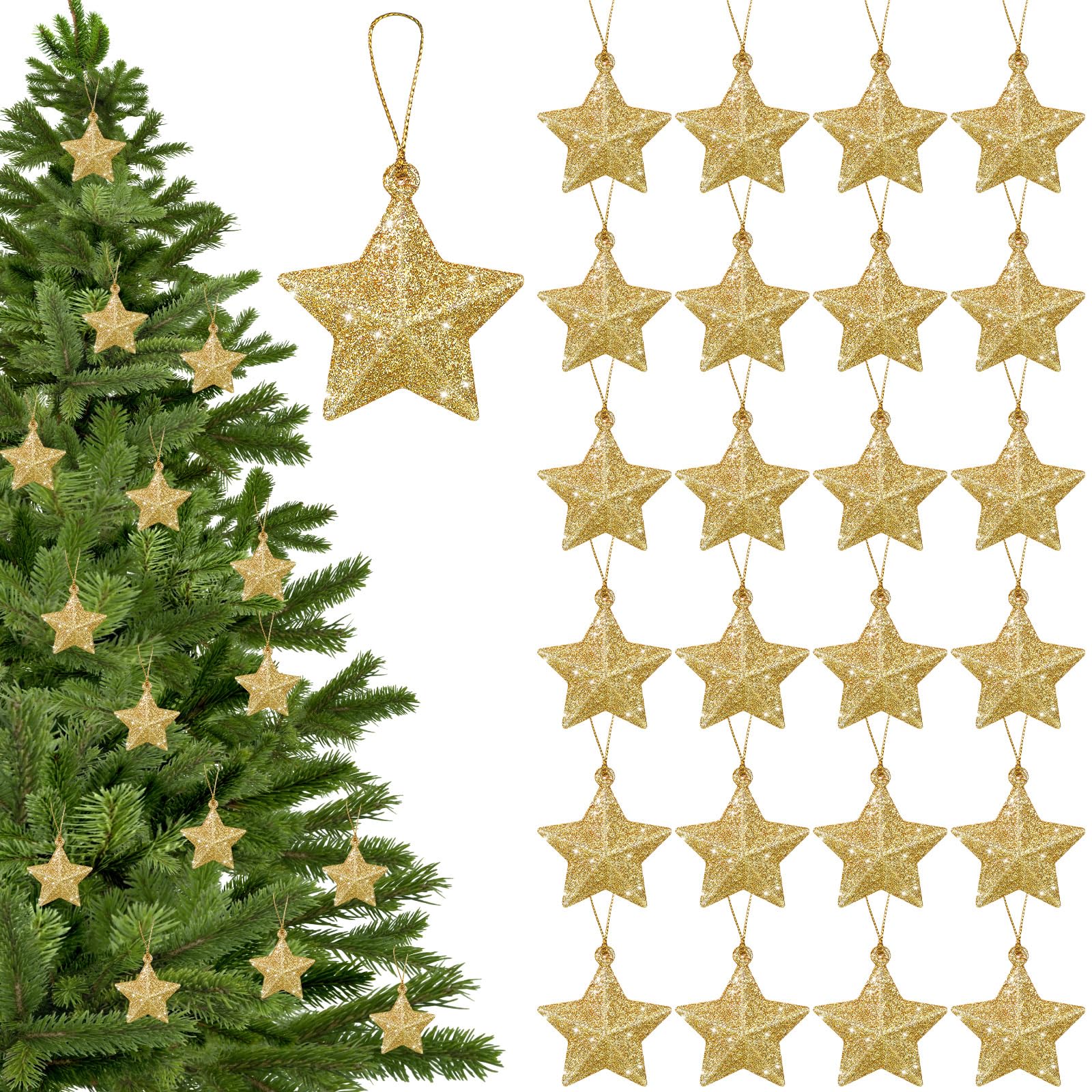 Shappy 48 Pcs Glitter Star Ornaments Christmas Tree Mini Hanging Stars Christmas Decorations Plastic Festive Embellishments for 