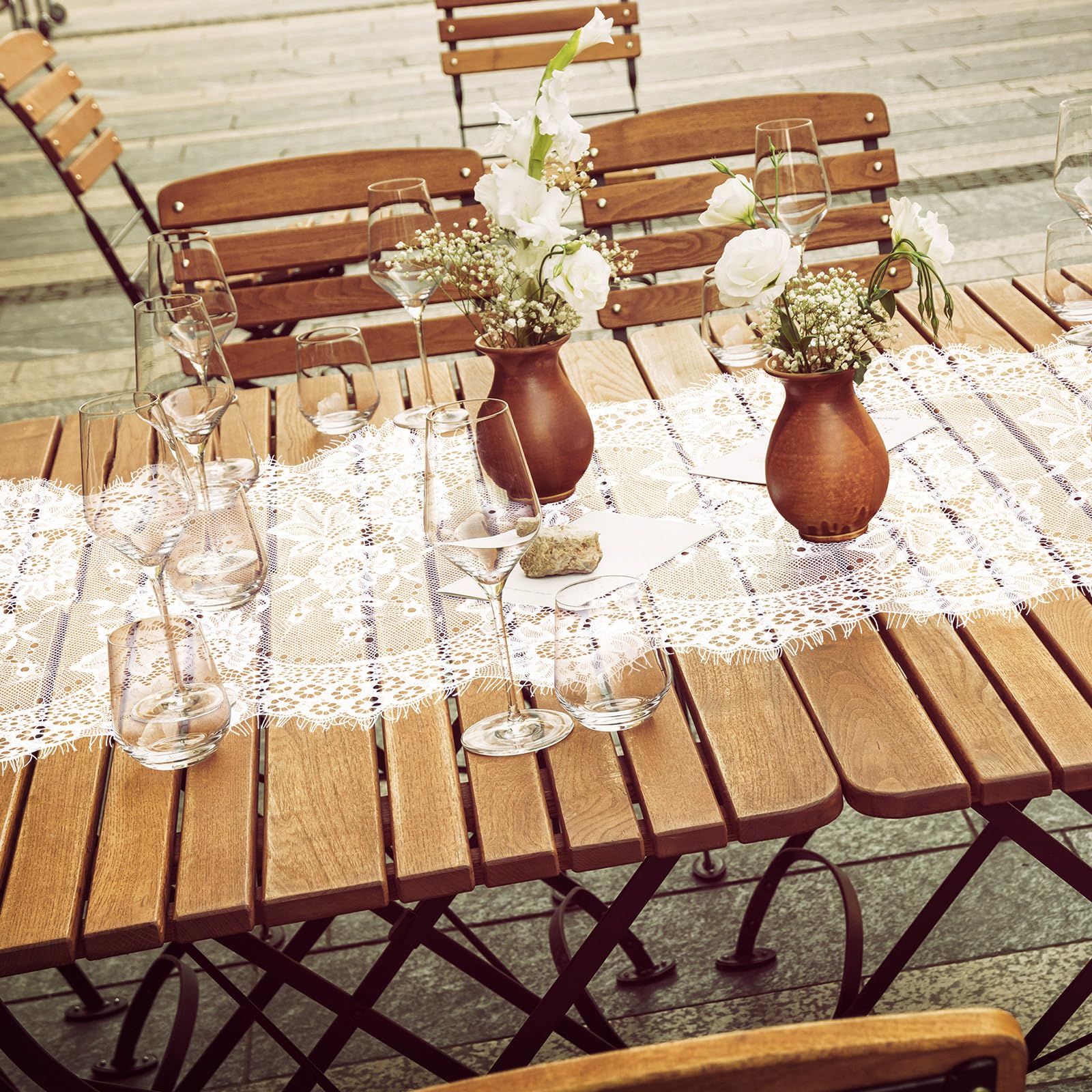 Coume 8 Pack Lace Table Runner 14 x 120 Inch White Rustic Lace Fabric Table Runners with Rose Embroidered Floral for Wedding Bri