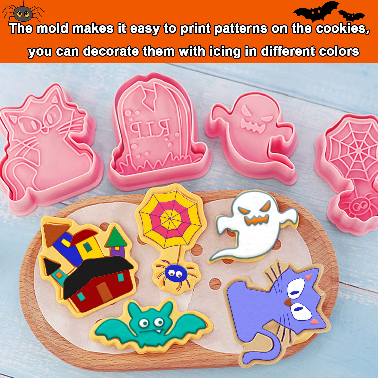 Leesgel 3D Halloween Cookie Cutters, Pumpkin Ghost Bat Cookie Cutter For Halloween Party Decorations, Halloween Biscuit Cookie S
