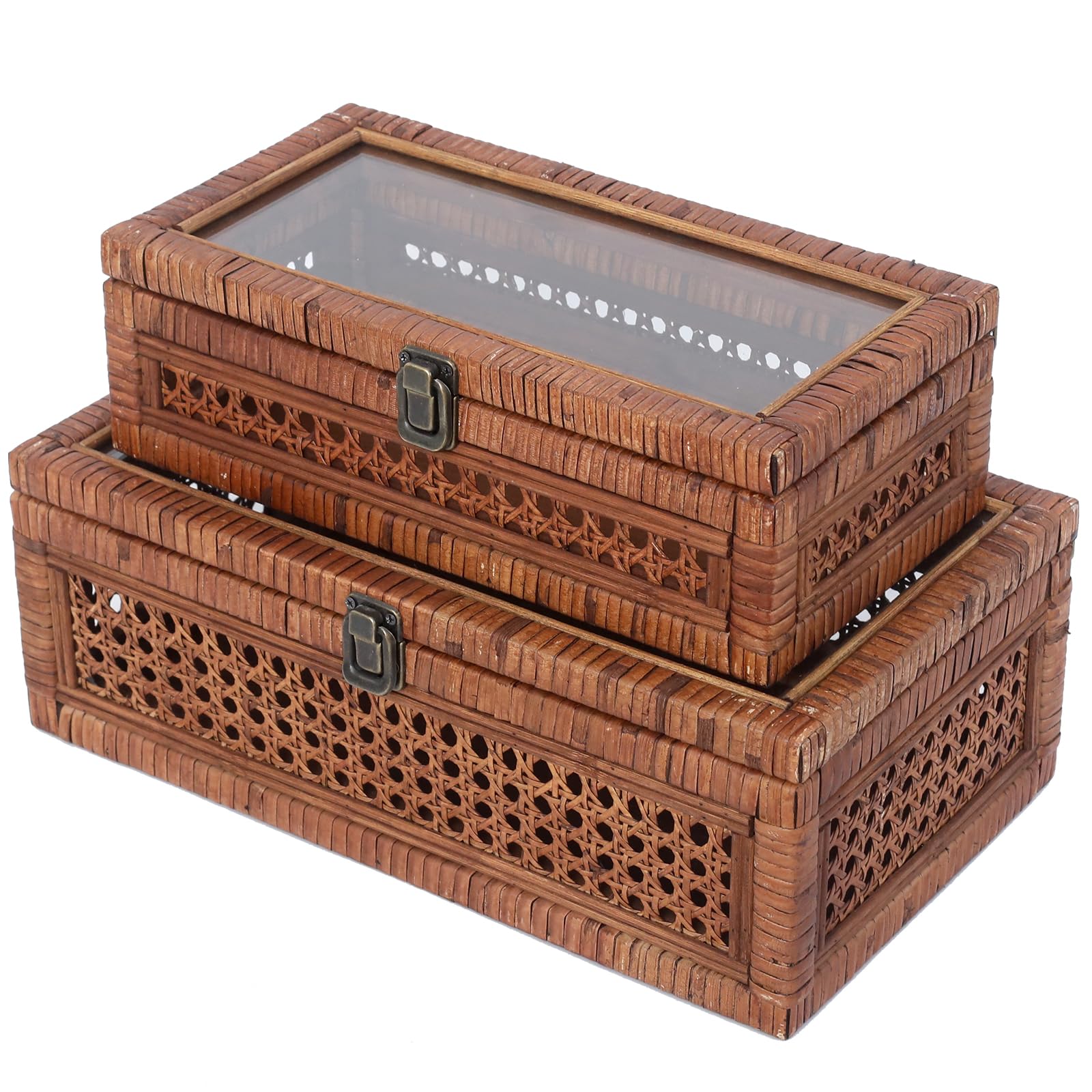 DECOR4SEASON Rattan and Cane Stacking Boxes with Glass Top Lid - Set of 2 11.8 and 14.1, for Boho and Rustic Farmhouse Decor, Br