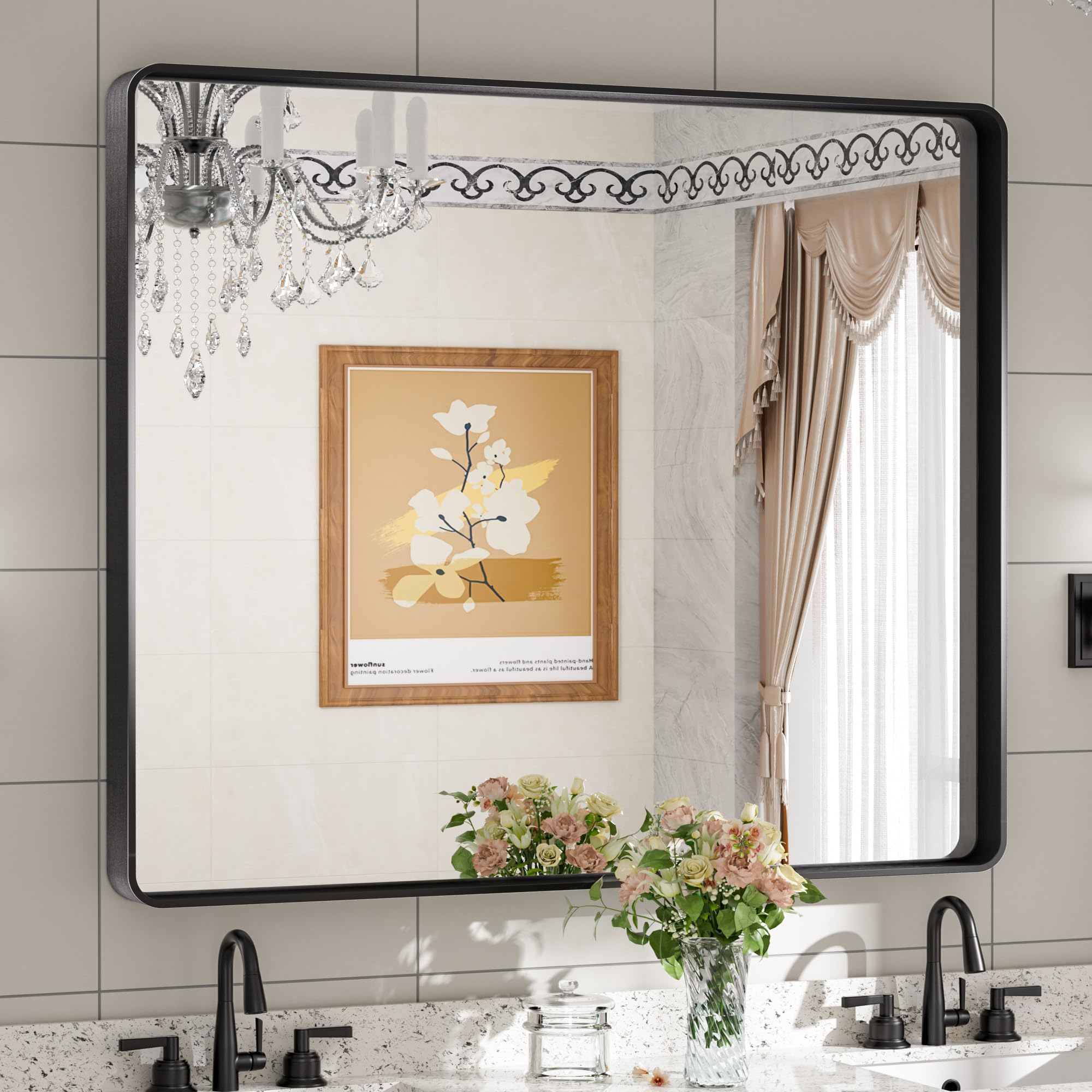 Tetote Black Framed Mirrors For Bathroom, 42 X 36 Inch Modern Decorative Wall Mounted Rectangle Matte Framed Vanity Mirror (Hori