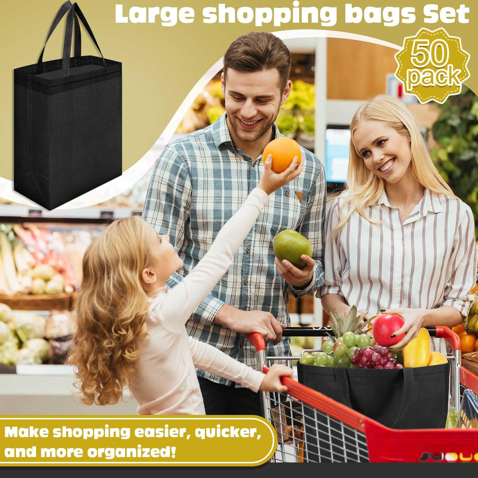 Windyun 50 Pcs Reusable Tote Bag Bulk 8 x 4 x 10 Inch Non Woven Shopping Bag with Handle Christmas Reusable Grocery Gift Tote(Bl