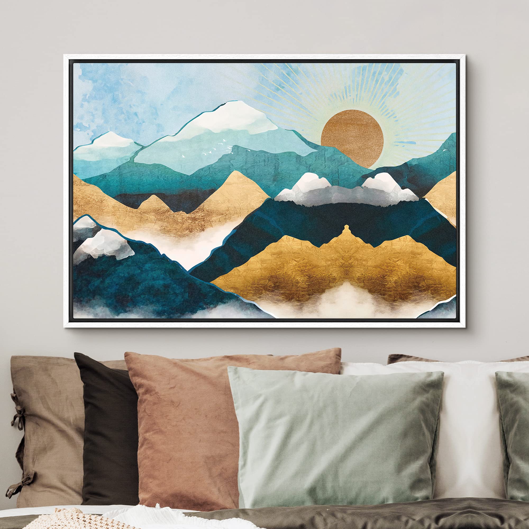 Signford Framed Canvas Print Wall Art Gold Teal Marble Sun Mountain Range Nature Wilderness Illustrations Modern Art Rustic Zen