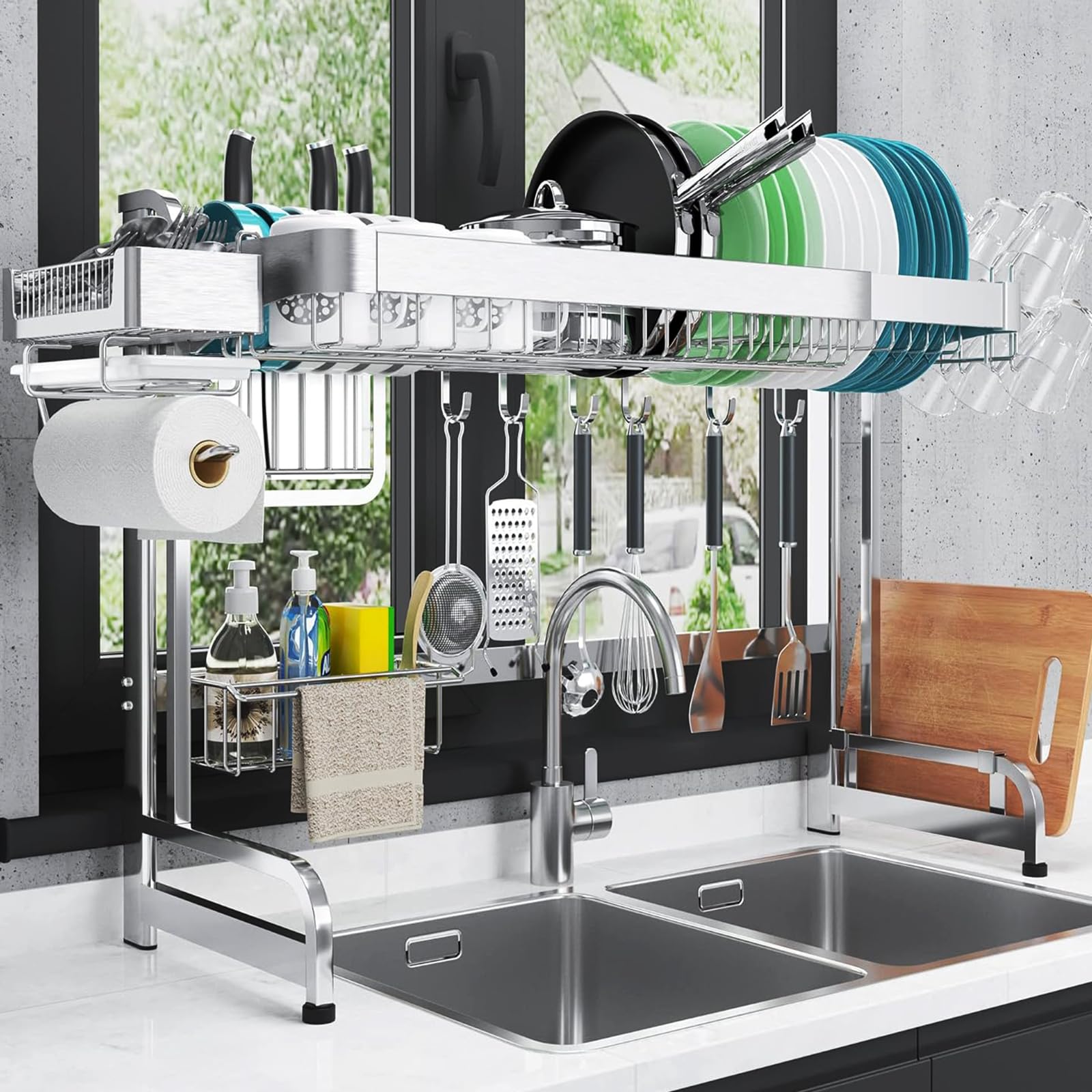 Livod Over The Sink Dish Drying Rack, 2 Tier Over Sink Dish Drying Rack Width Adjustable(25.6-37.6In), Durable Stainless Steel D