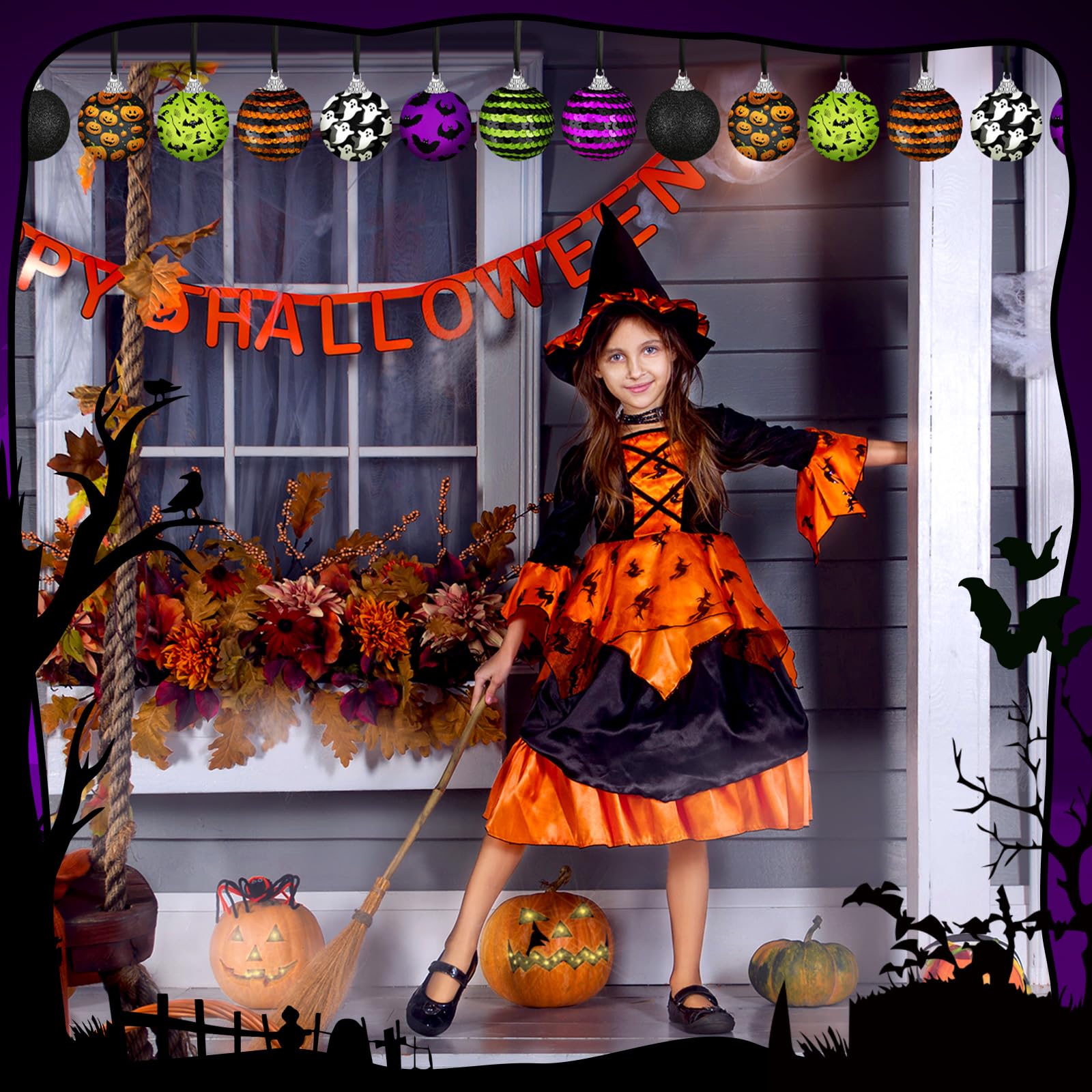 Zeyune 16 Pcs Halloween Ball Ornaments for Tree 2 Inch Halloween Tree Decorations Pumpkin Ghost Bat Spider Glitter Ornaments wit
