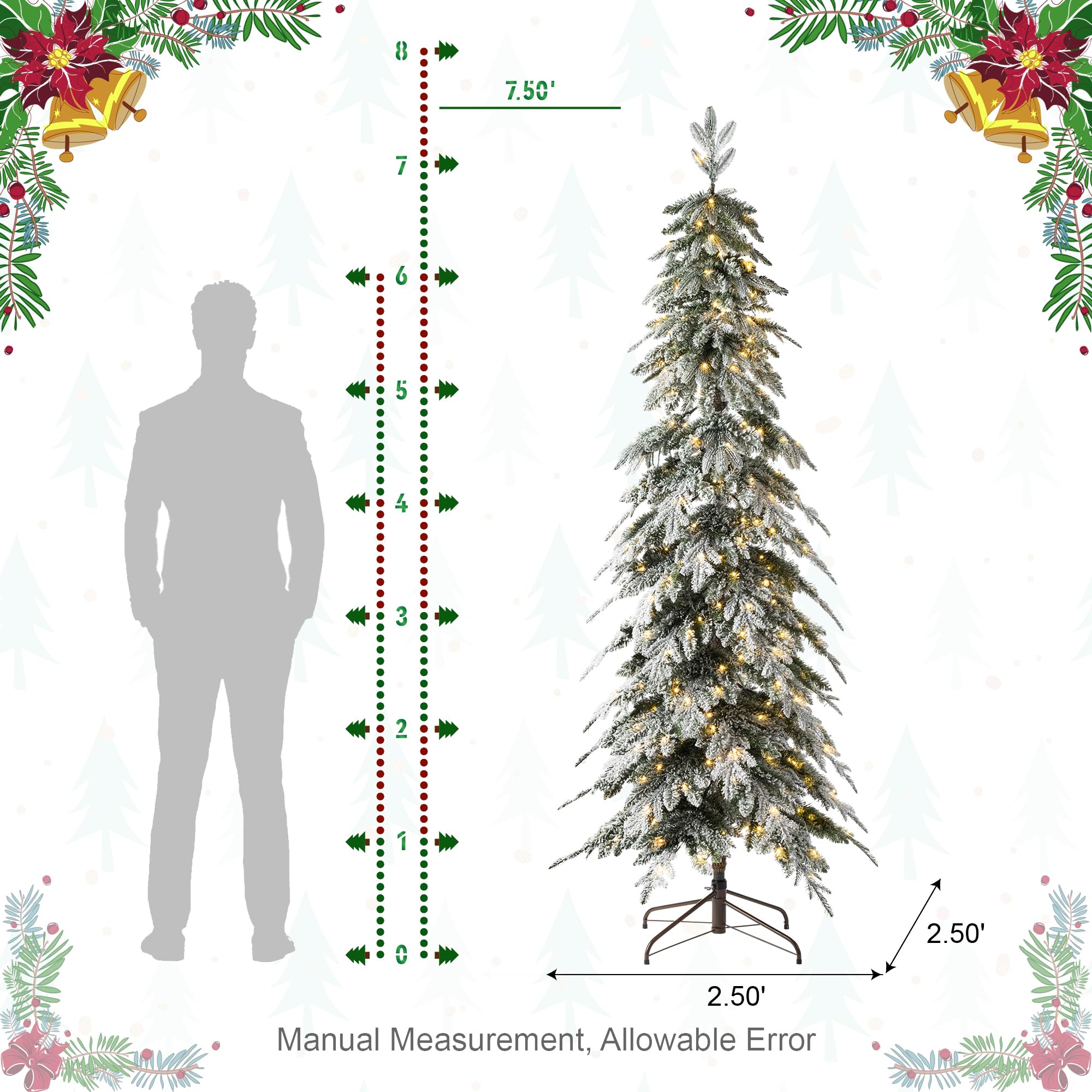 Glitzhome 7.5ft Artificial Christmas Tree, Pre-Lit Flocked Pencil Christmas Tree Chicago Frostwood Spruce with 350 Warm White Li