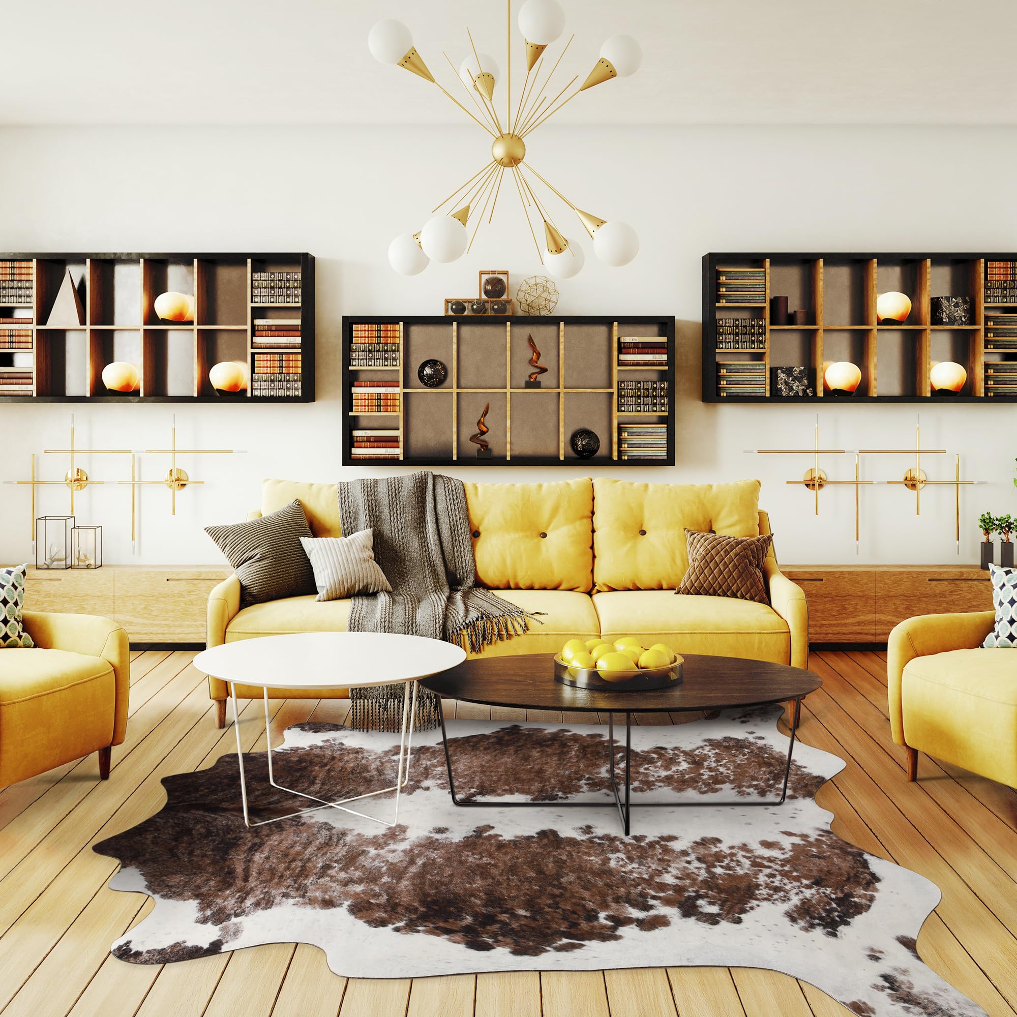 NEOCOZY Exquisite Cowhide Rug, 6.2 x 7 ft Faux Cowhide Rug for Living Room Bedroom, Cow Print Rug for Wall, Non-Slip, Camel Whit