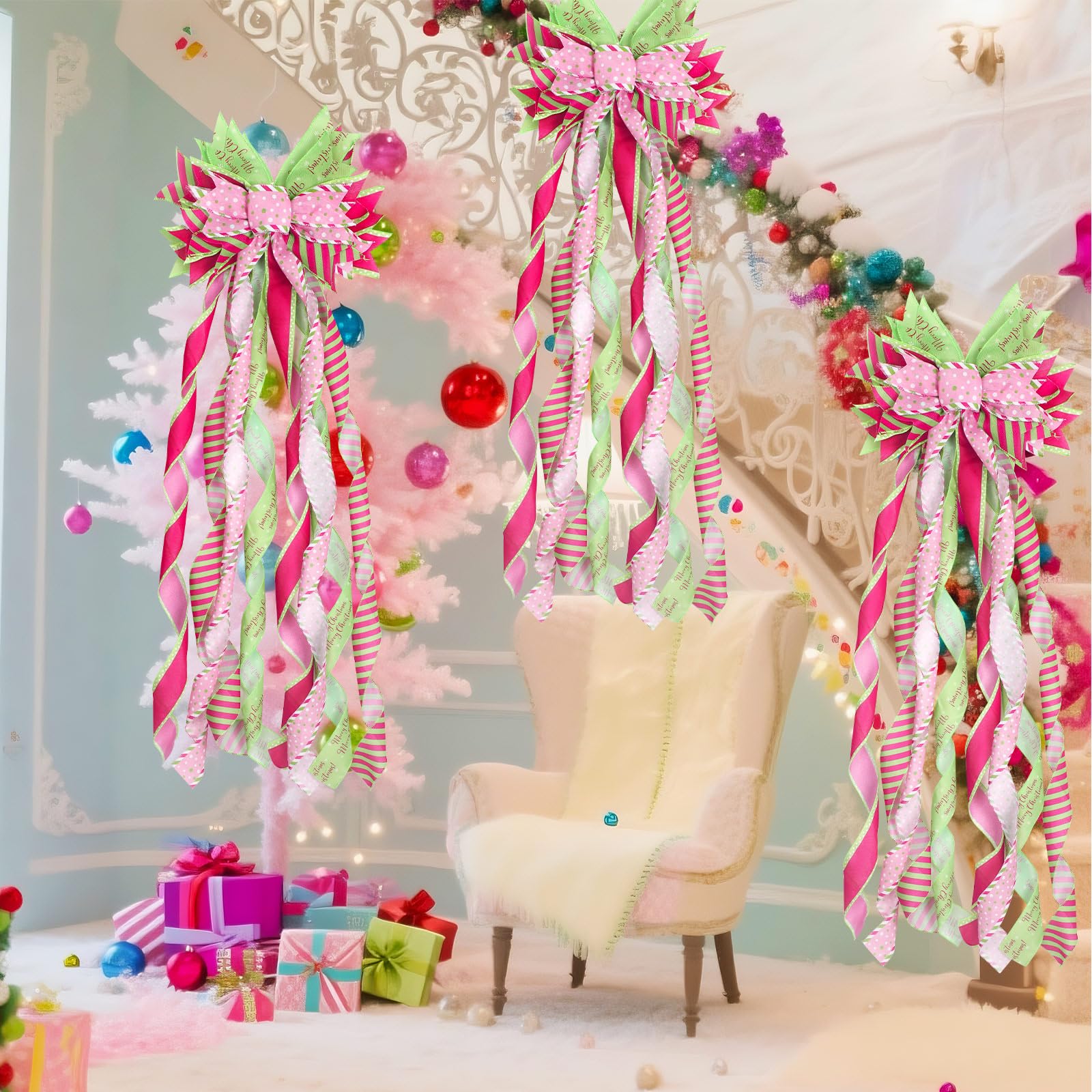 FineCheer Green and Pink Christmas Tree Topper Wreath Bow Large Christmas Bow Pink Tree Topper for Xmas Ornament Family Wedding