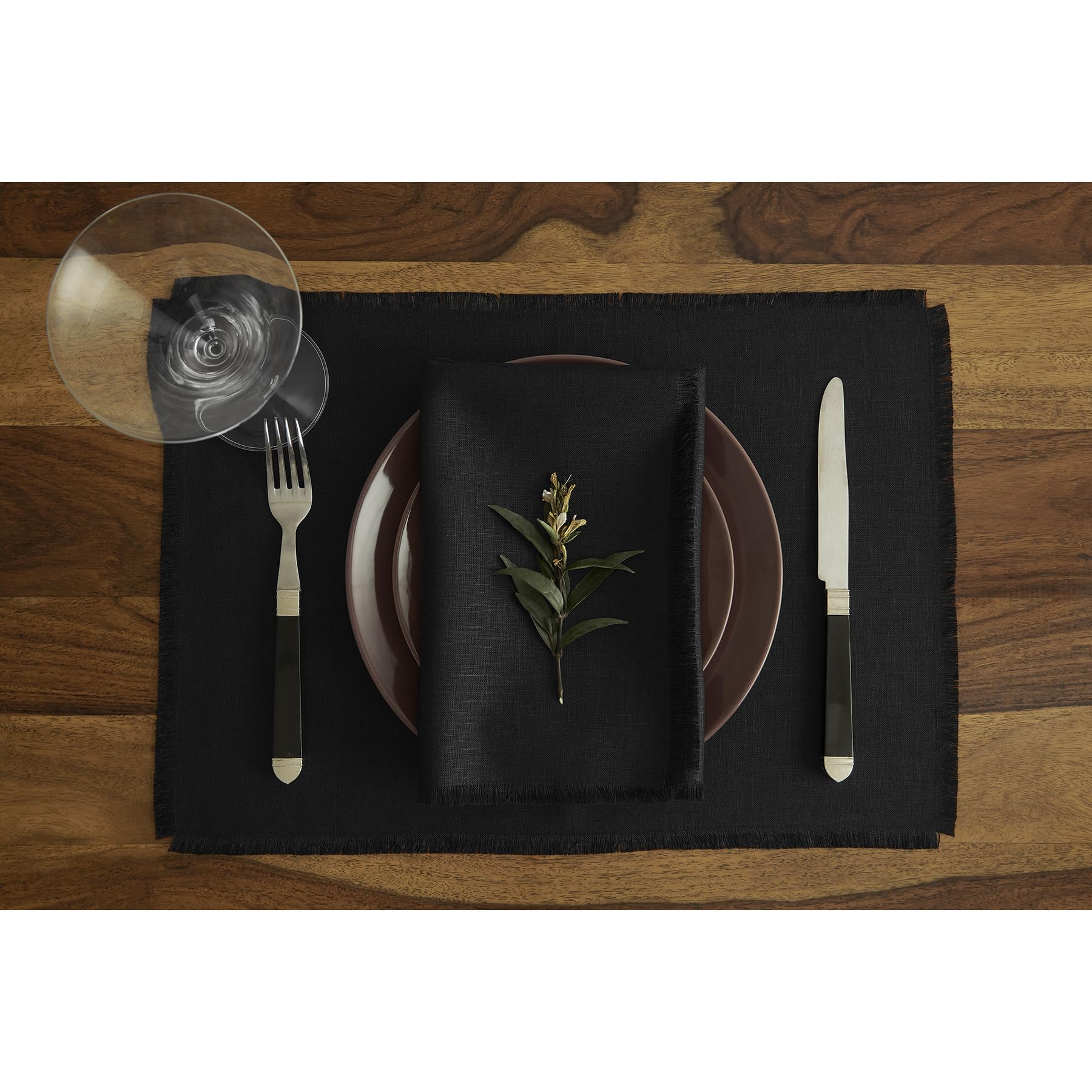 Solino Home Fringe Linen Placemats 19'' L X 14'' W Inch - 100% Pure Linen Black Cloth Placemats Set Of 4 - Washable Fabric Place