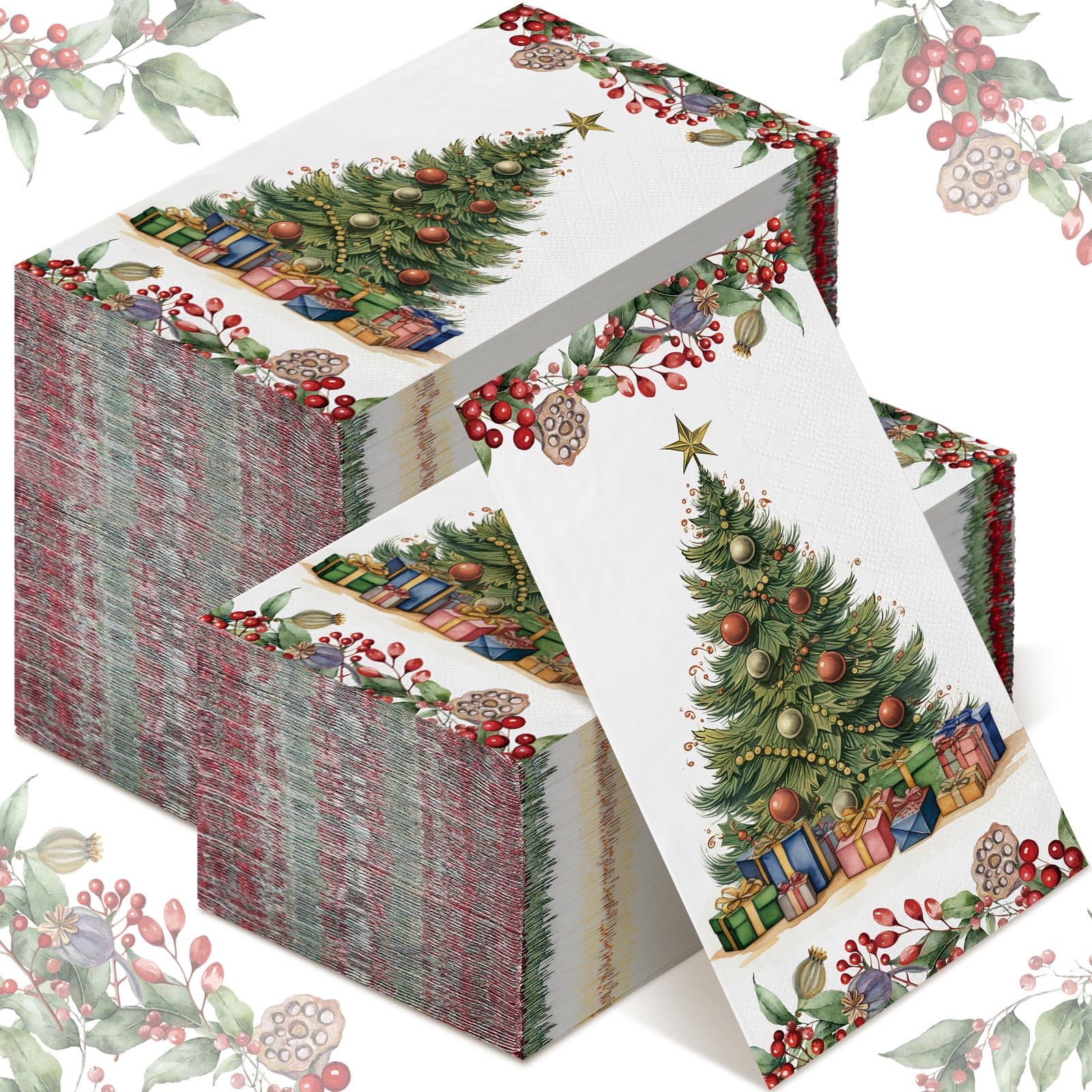 Epakh 200 Pcs Bulk Vintage Christmas Guest Napkins 2 Ply Disposable Christmas Tree Decorative Paper Napkins for Decoupage Paper 