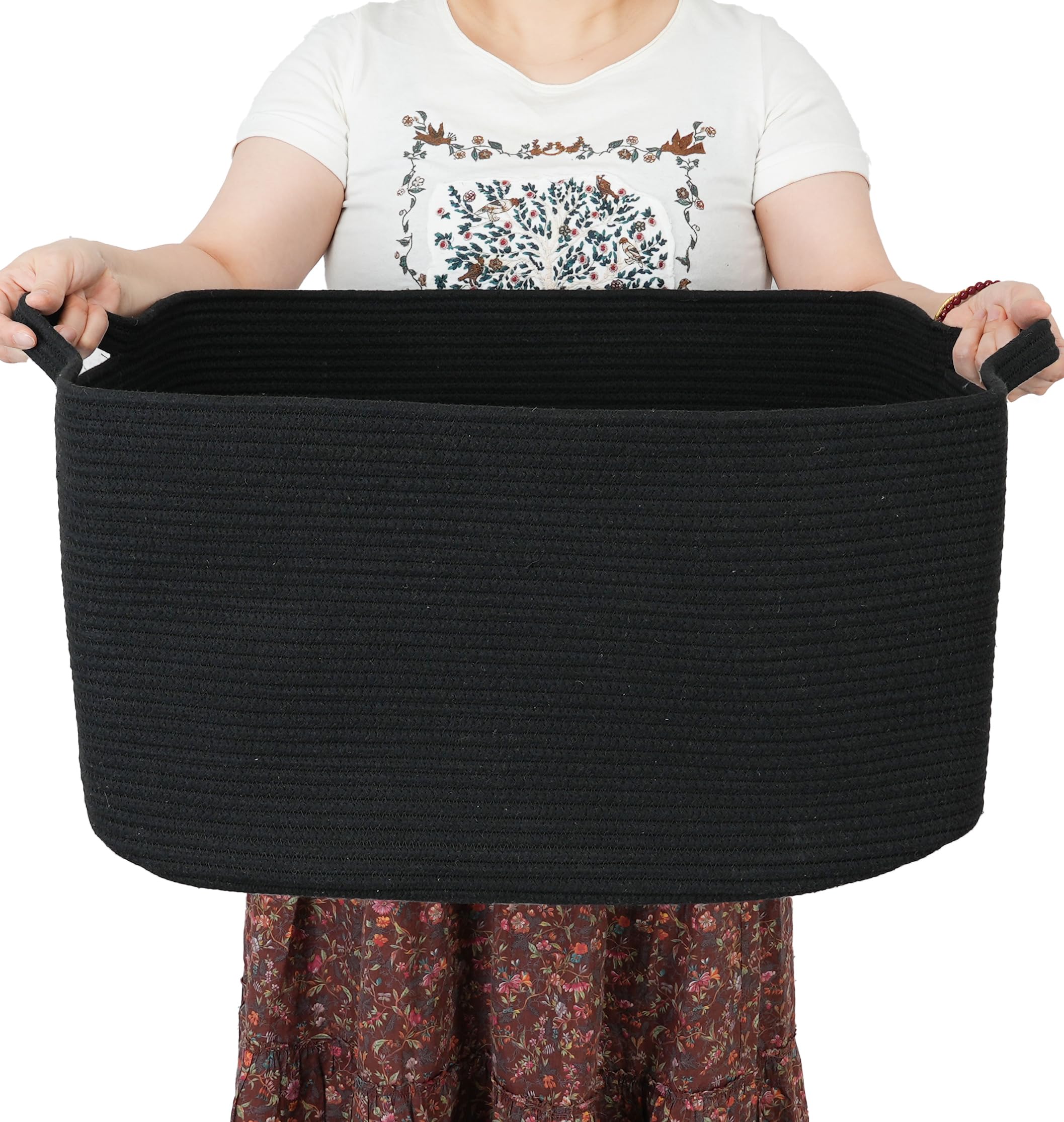 XUANGUO Large Rectangle Blankets Basket Living Room 22x17x12 Woven Cotton Rope Storage Basket for Nursery Toy Basket for Kids an