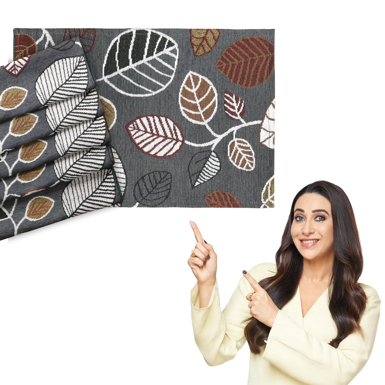 Hokipo Cotton Jacquard Dinner Table Placemats Set Of 6 (12X18 Inches) (In530D5*6) Grey Leaves