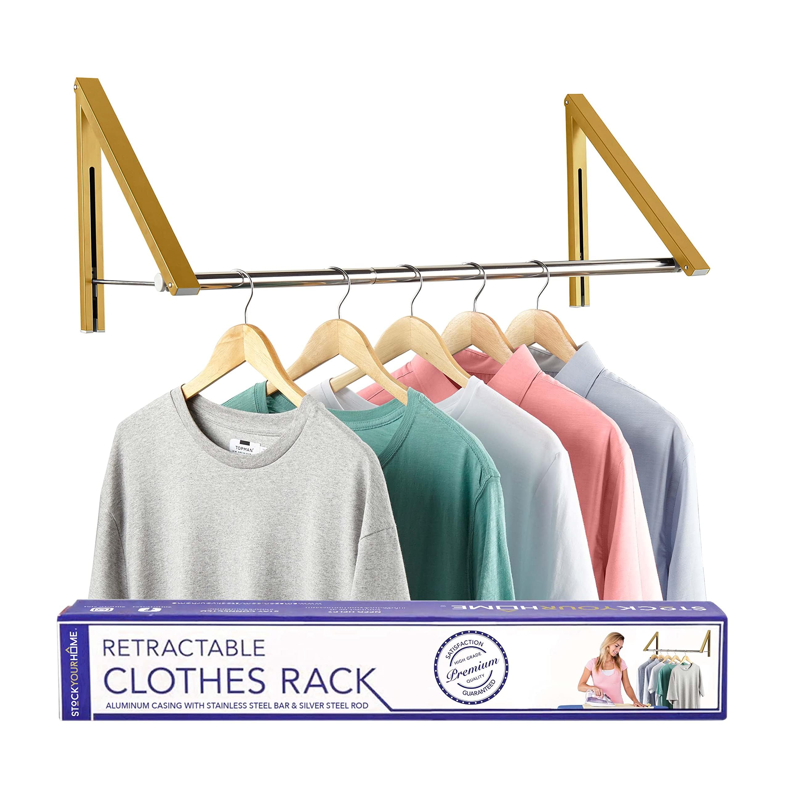 Double Foldable Clothing Rack w/ Extension Rod  Wall-Mounted Retractable Clothes Hanger for Laundry Dryer Room  Hanging Drying Rod  Small Collapsible Folding Garment Racks  Dorm Accessories (Gold)
