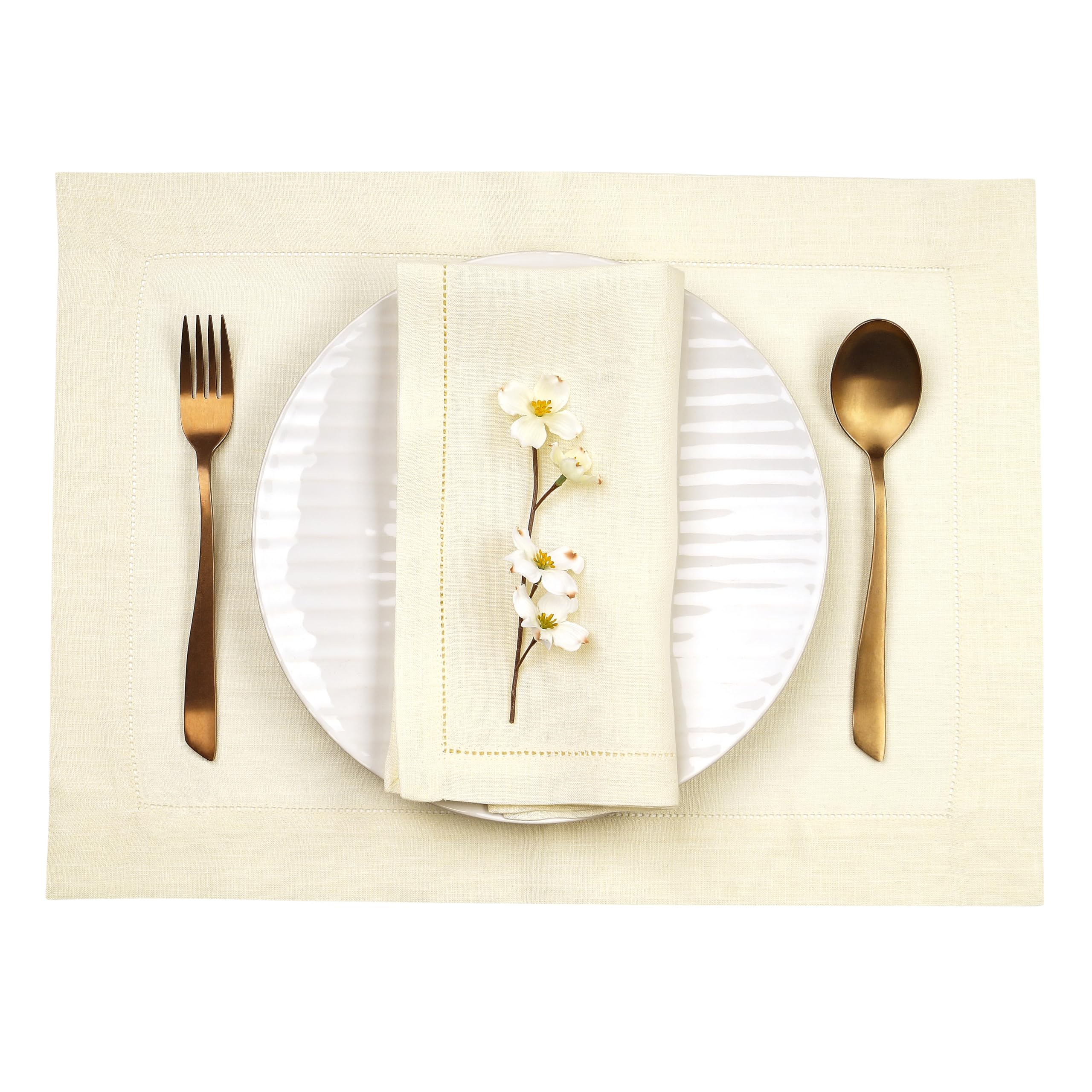 D'Moksha Homes Linen Placemats Set Of 4-100% Pure Linen Cream Placemats 14 X 19 Inch - Classic Hemstitch, Washable Cream Placema