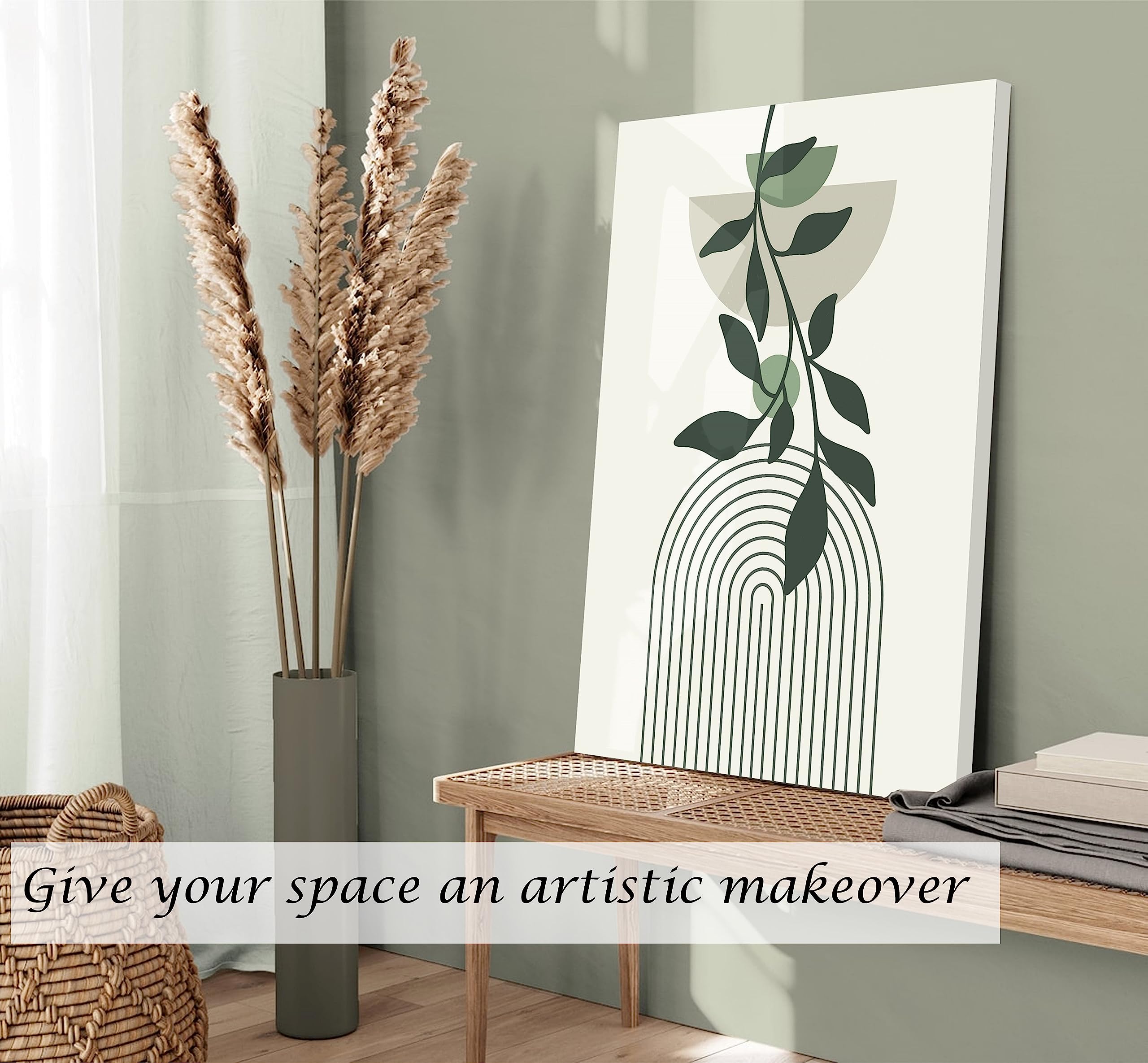 Induslyfe Large Framed Boho Canvas Wall Art Set Of 3, Mid Century Modern Room Decor, Minimalist Sage Green Botanical Boho Bathro