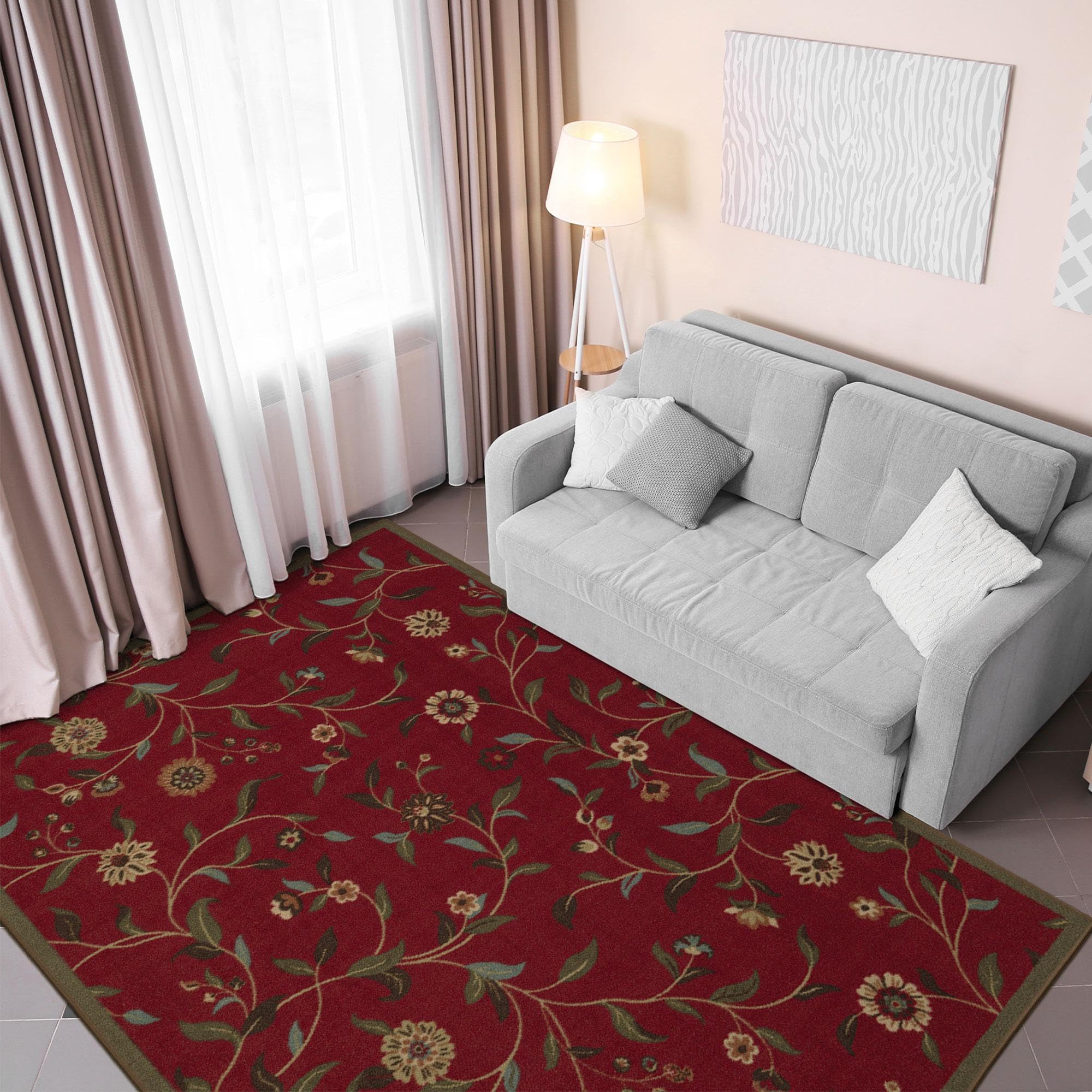 Ottomanson Ottohome Collection Non-Slip Rubberback Floral Leaves Design 5x7 Indoor Area Rug, 5 x 66, Red