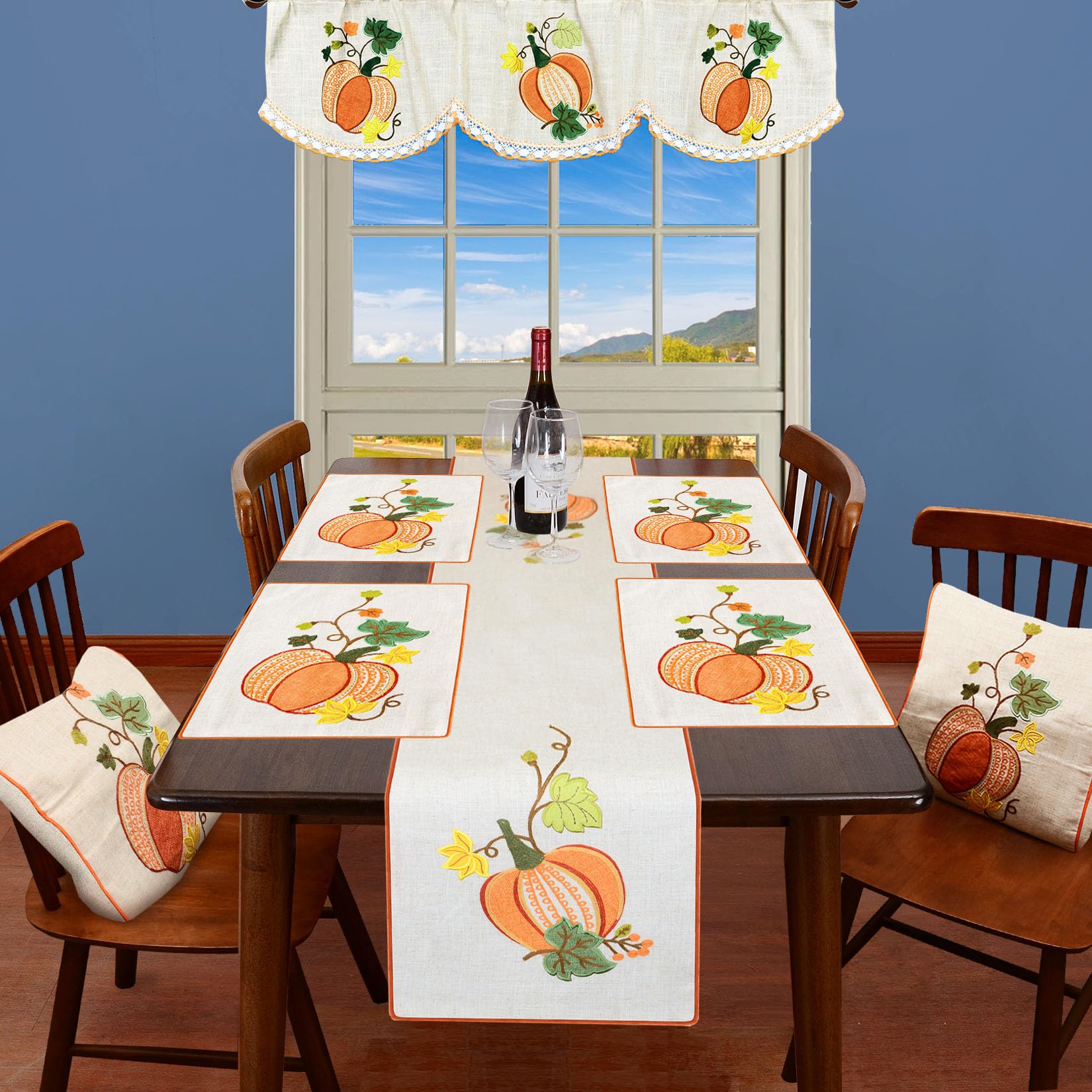 Grelucgo Halloween and Thanksgiving Holiday Table Runners, Fall Autumn Harvest Decorations, Embroidered Pumpkins, Rectangular 14