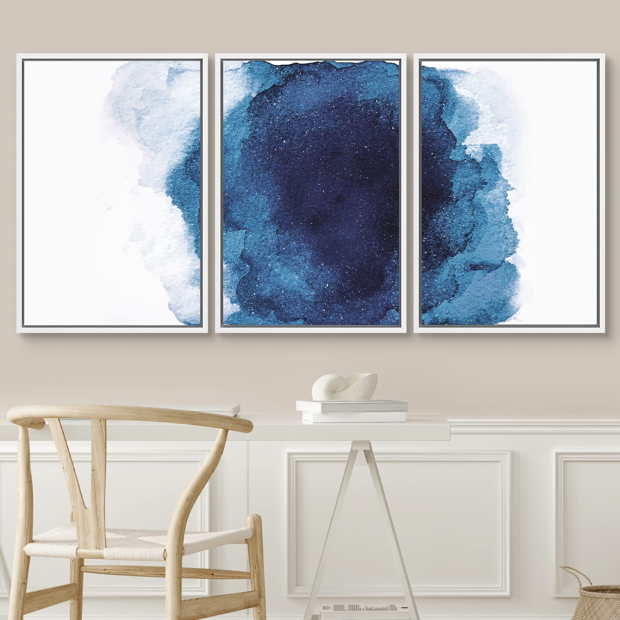 Signwin 3 Piece Framed Canvas Wall Art Navy Blue Watercolor Nature Wilderness Illustrations Abstract Traditional Relax/Calm Home