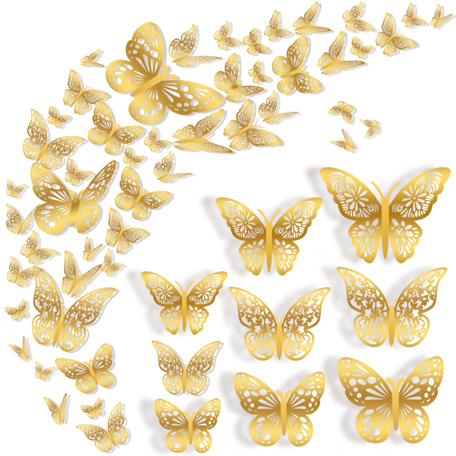 Nelotaor 72 Pcs Butterfly Wall Decor, 3 Styles 3 Sizes 3D Gold Butterfly, Wedding Decorations, Birthday Party Decorations, Girls