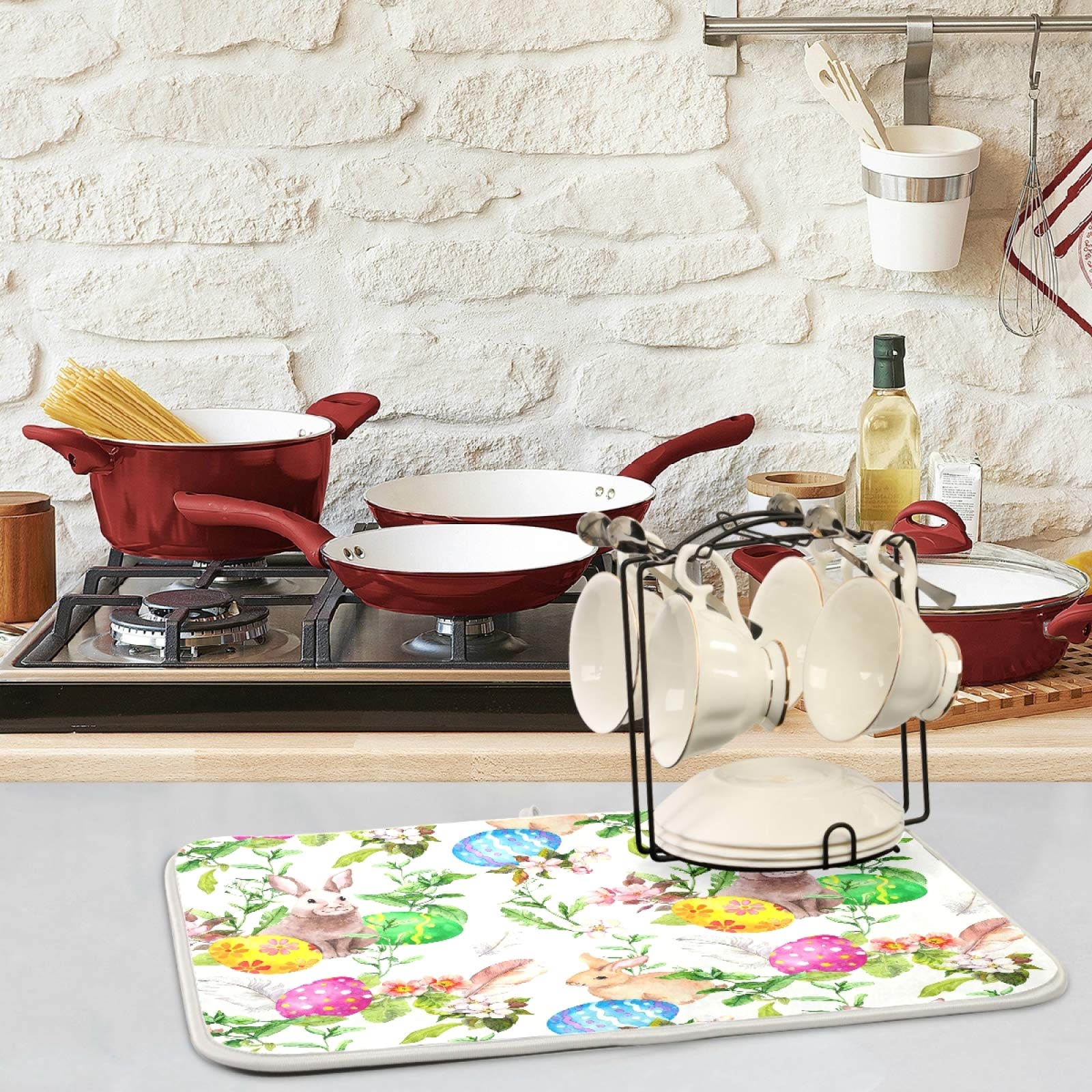 Zzwwr Easter Bunny Eggs Floral Pattern Absorbent Dish Drying Mat, 16 X 18 Inches Microfiber Kitchen Countertop Table Protector M