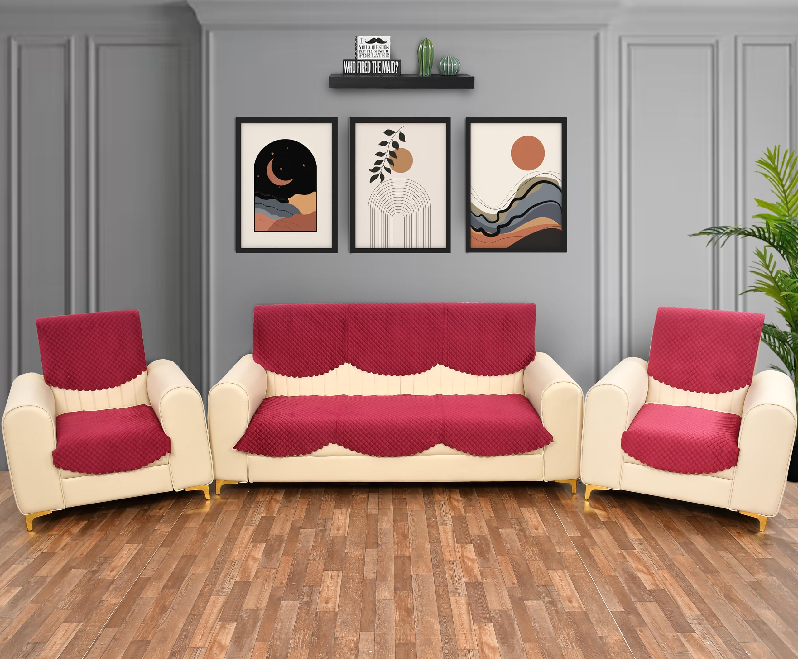 Yellow Weaves Velvet 5 Seater Self Design Quilted Sofa Cover And Chair Cover, Seat & Back Cover, Color - Cardinal Red