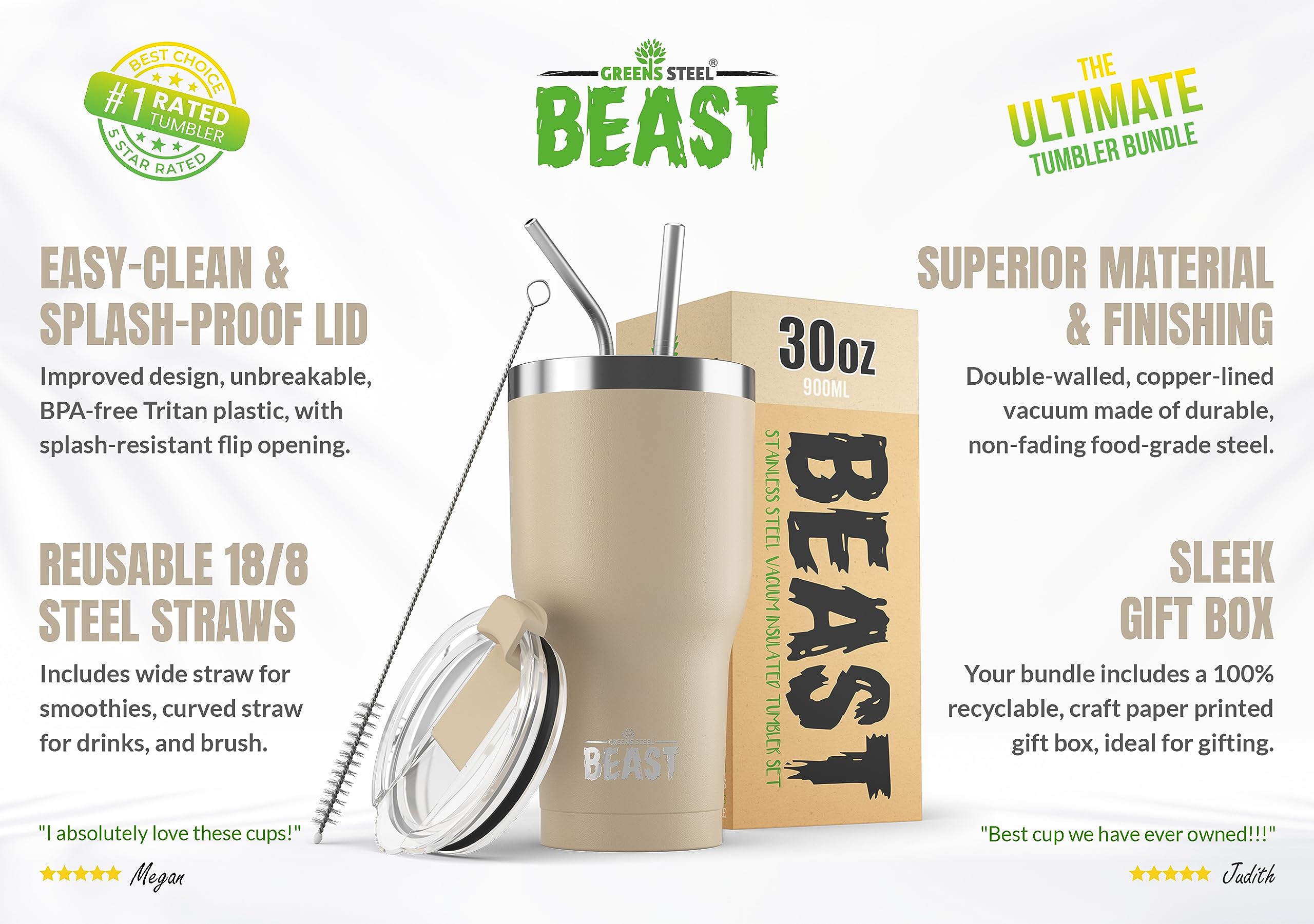 Beast 30 oz Tumbler Stainless Steel Vacuum Insulated Coffee Ice Cup Double Wall Travel Flask (Sand)