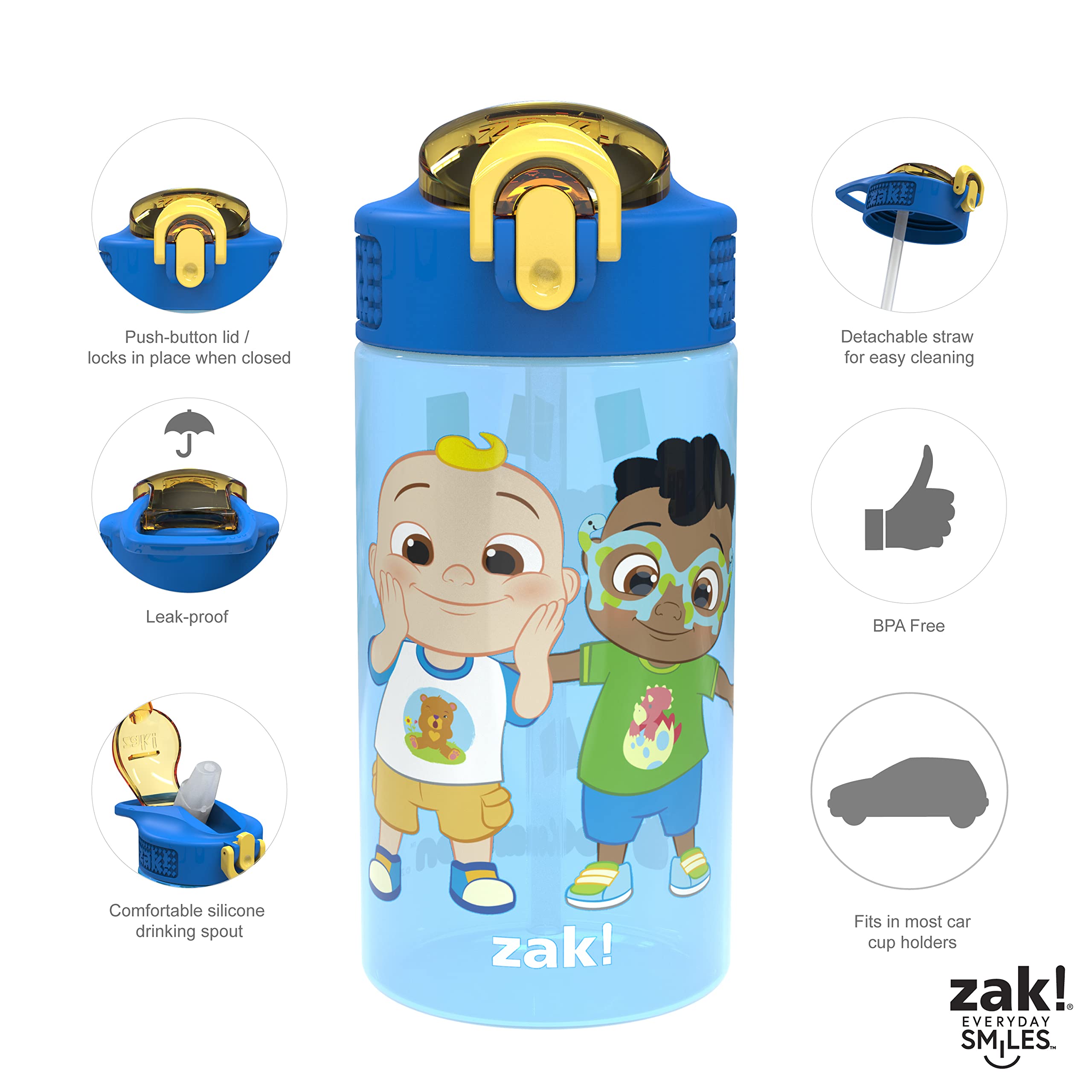 Zak Designs Cocomelon Kids Water Bottle With Spout Cover And Built-In Carrying Loop, Made Of Durable Plastic, Leak-Proof Water B