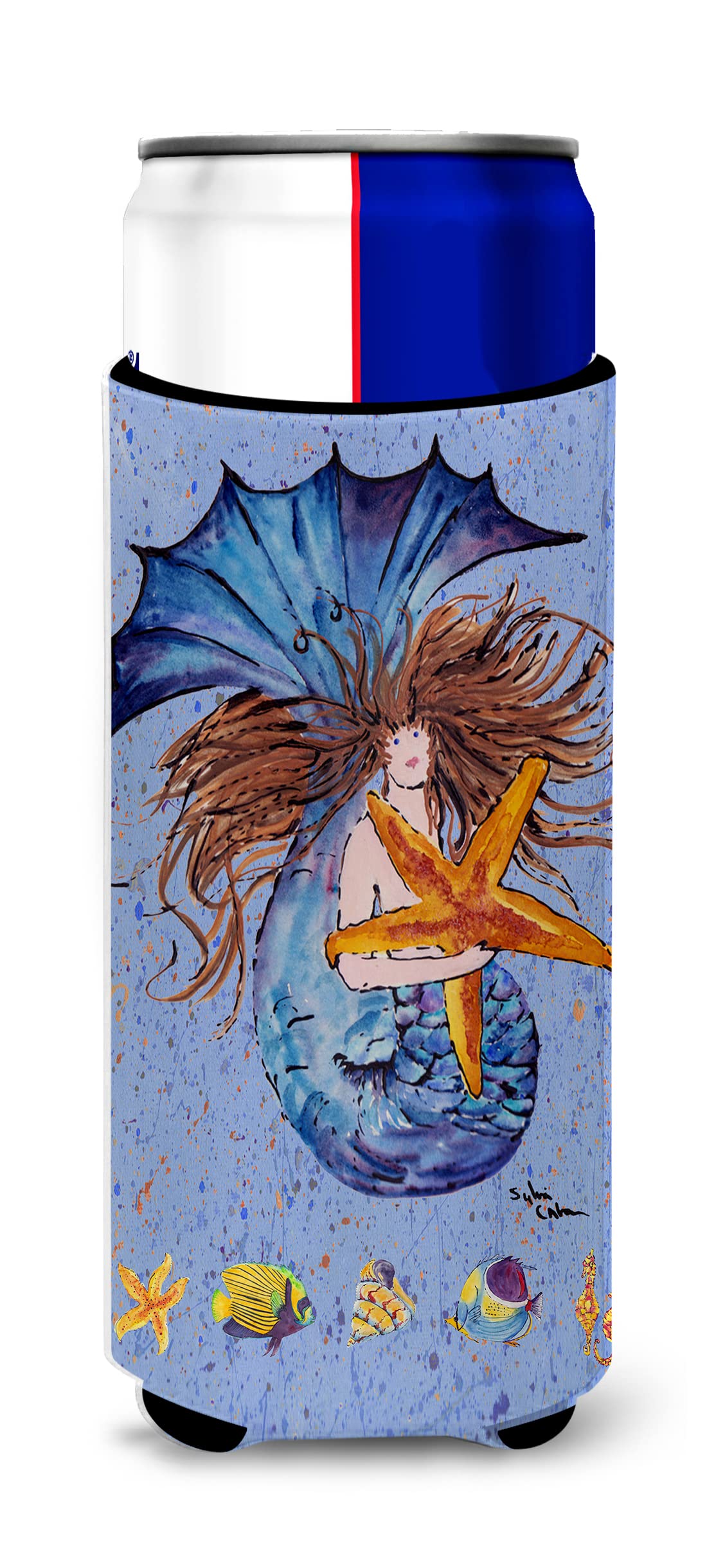 Brown Headed Mermaid on Blue Ultra Beverage Insulators for slim cans 8337MUK